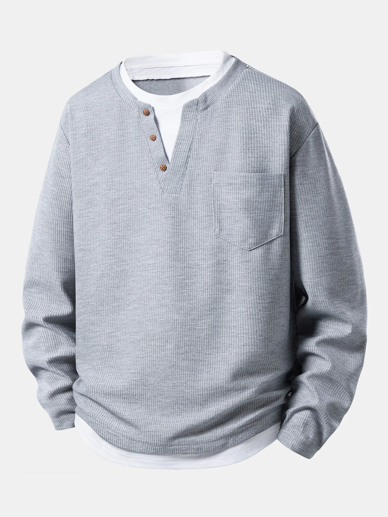 2 In 1 Button V-Neck Waffle T-Shirt With Pocket - Image 3