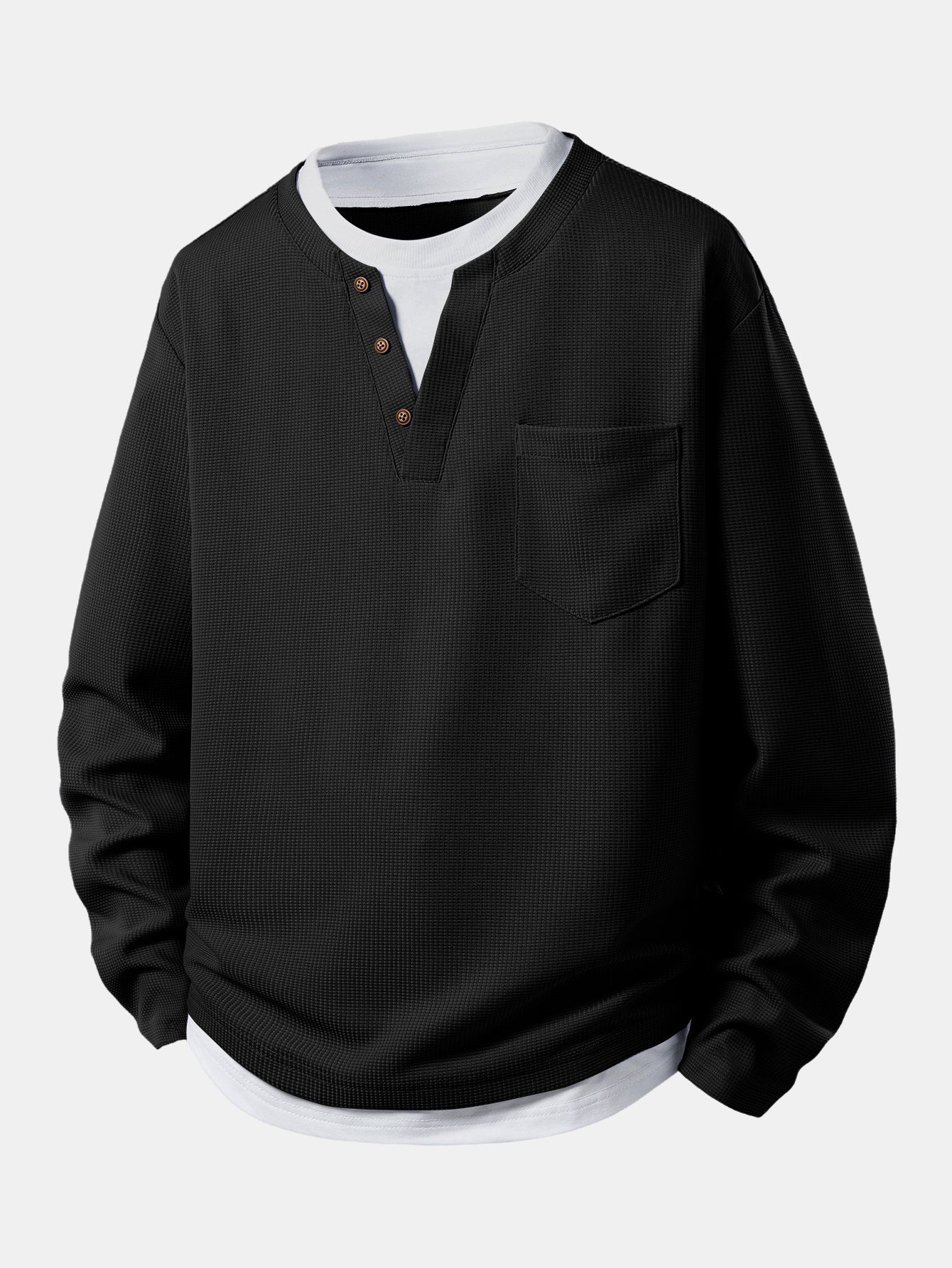 2 In 1 Button V-Neck Waffle T-Shirt With Pocket - Image 5