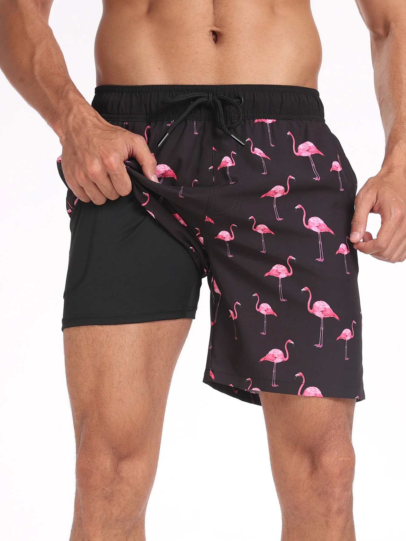 2-in-1 Flamingo-Print Taschen-Schnür-Schwimmshorts - Image 3