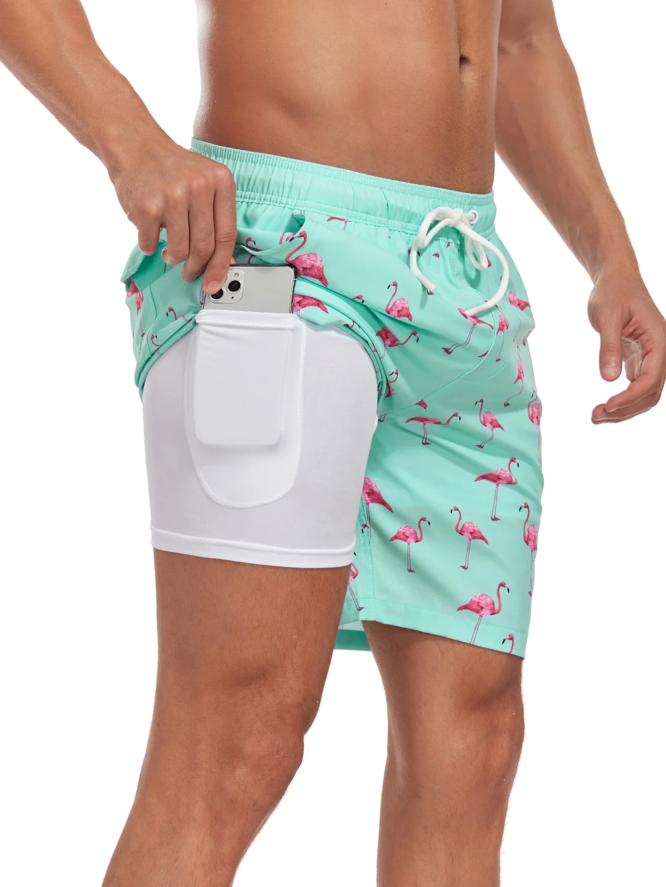 2-in-1 Flamingo-Print Taschen-Schnür-Schwimmshorts