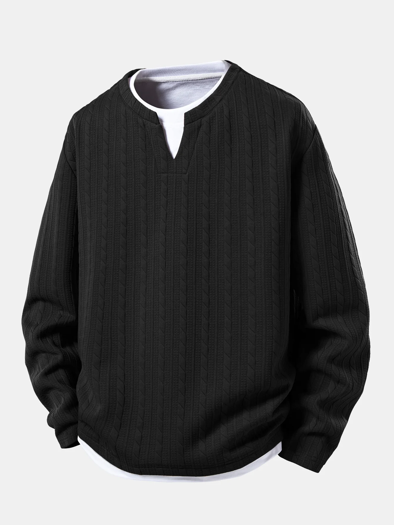 Relax Fit 2 In 1 Twisted Jacquard Notched Collar T-Shirt - Image 3