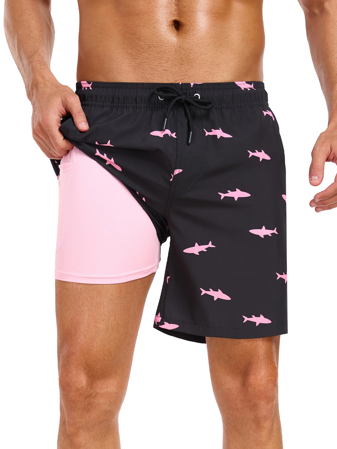 2-in-1 Badehose mit pinkem Hai-Print - Image 2