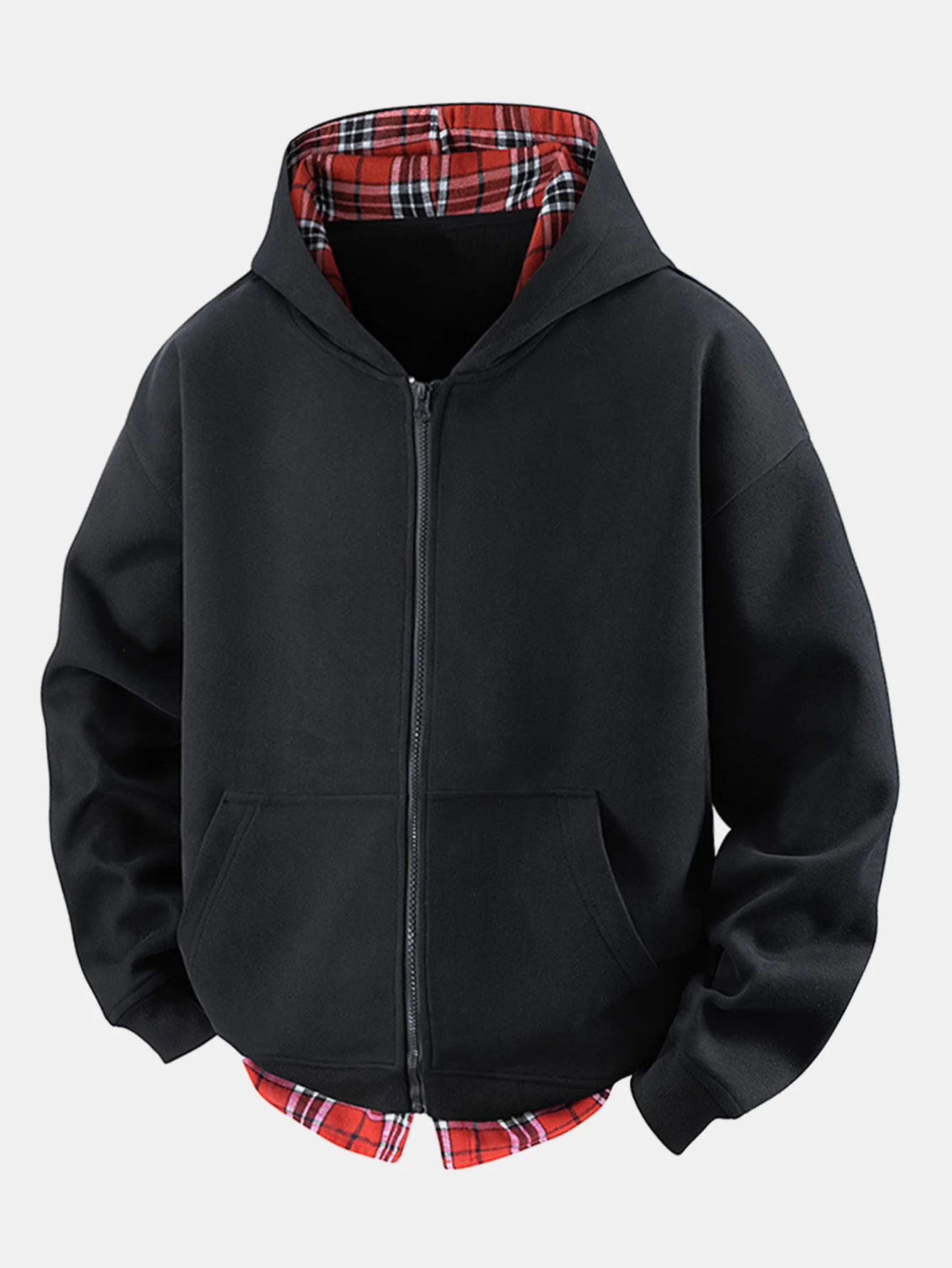 2 in 1 Kariertes Kapuzenpullover mit Reißverschluss und Kängurutasche - Image 3