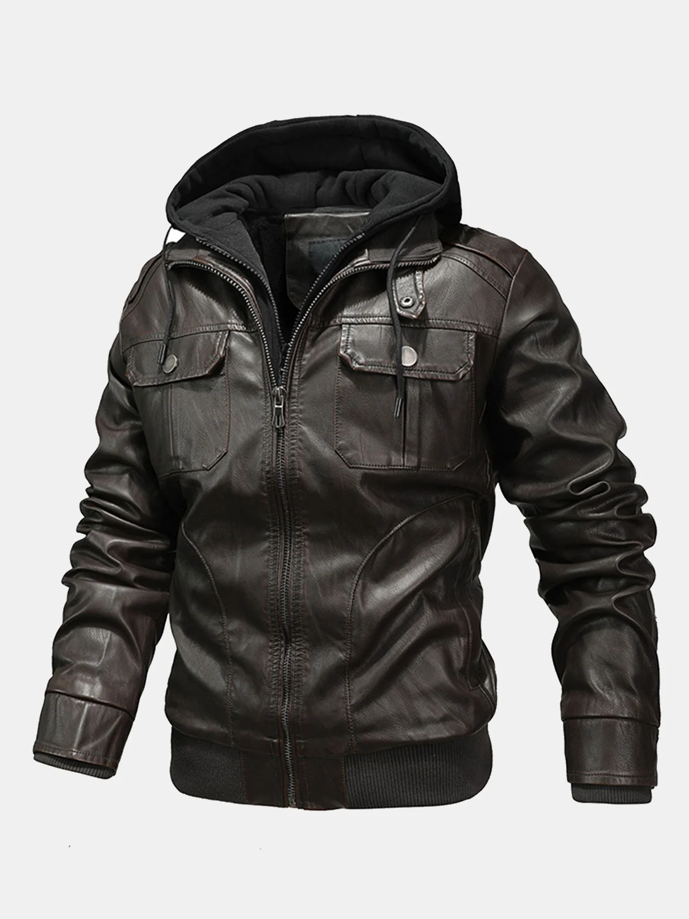 2 in 1 PU-Lederjacke mit abnehmbarem Kapuzenverschluss - Image 2
