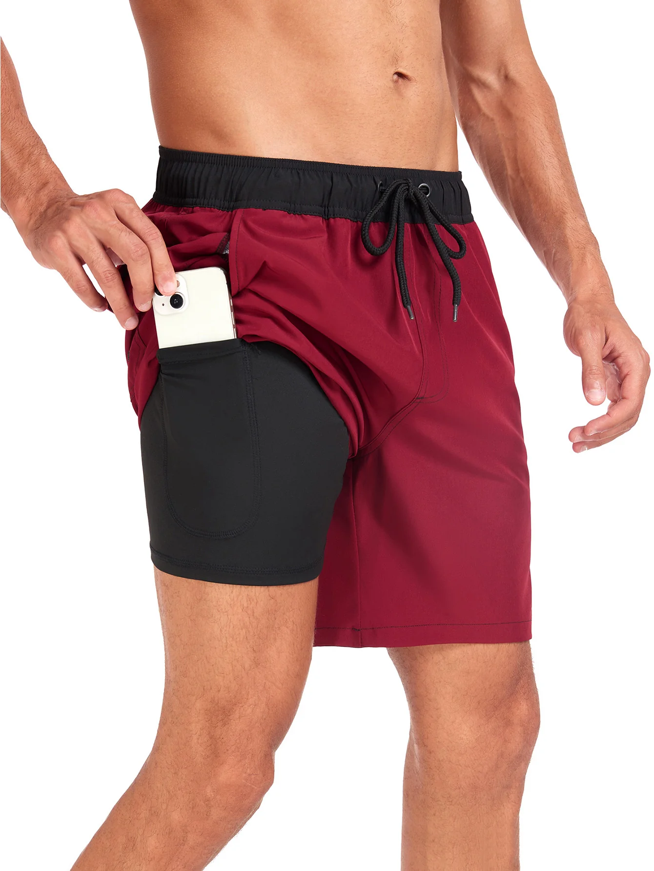 2-in-1 Einfarbige Schwimmshorts mit Kordelzug und Tasche - Image 12