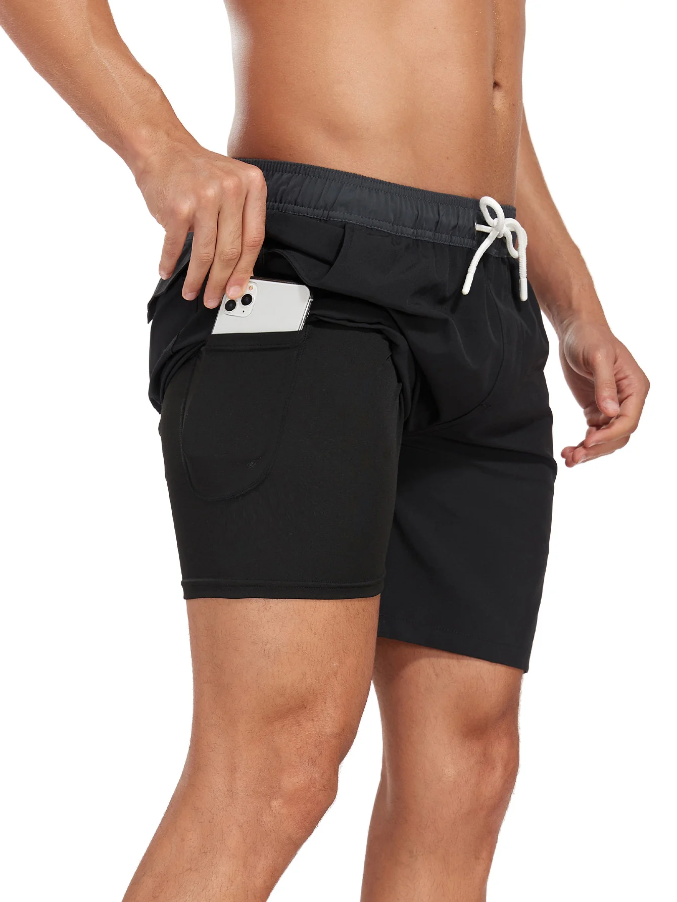 2-in-1 Einfarbige Schwimmshorts mit Kordelzug und Tasche - Image 17