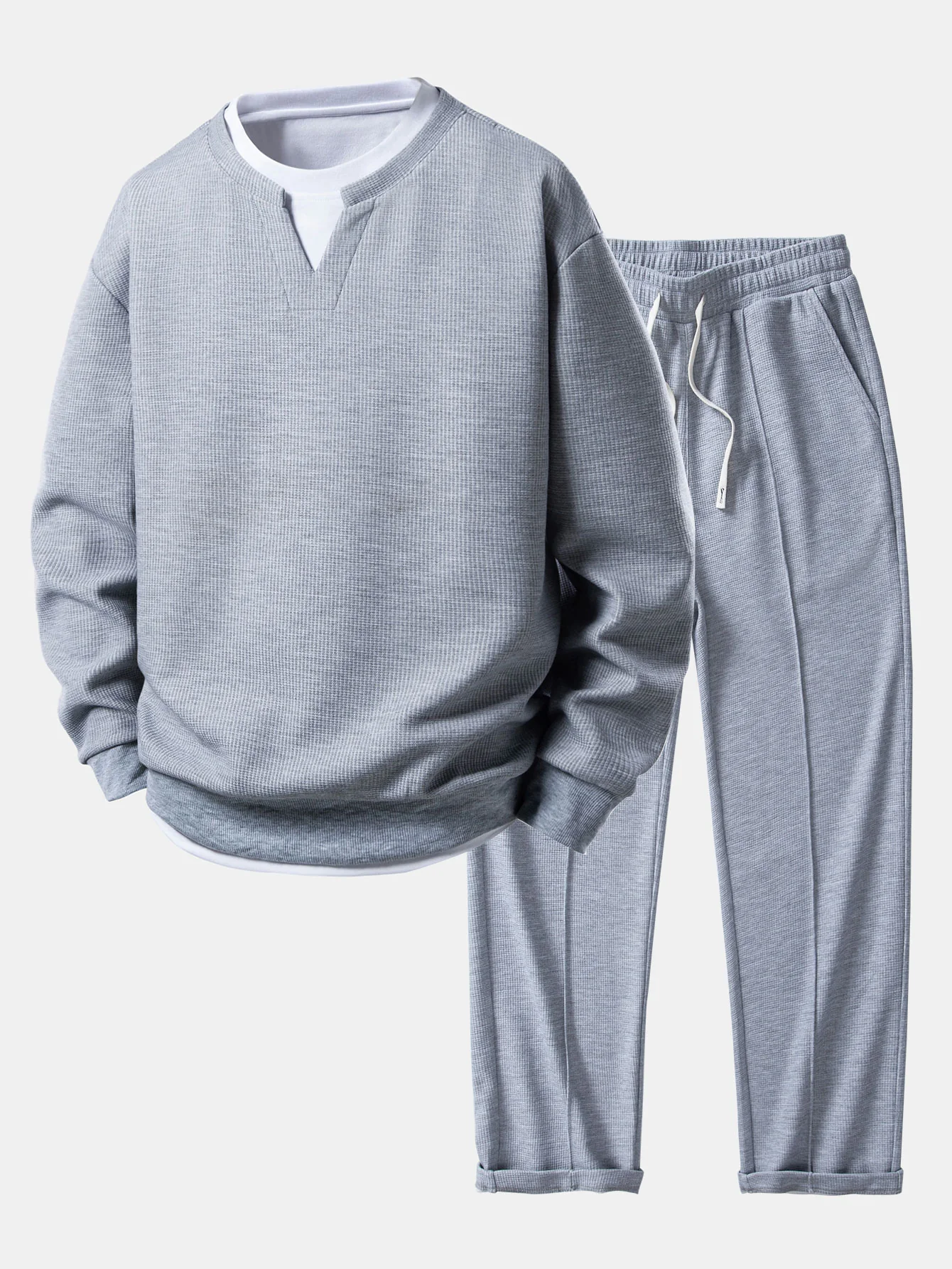 2 In 1 Waffle Notched Collar Sweatshirt & Waffle Pleated Pintuck Straight Leg Pants - Image 2
