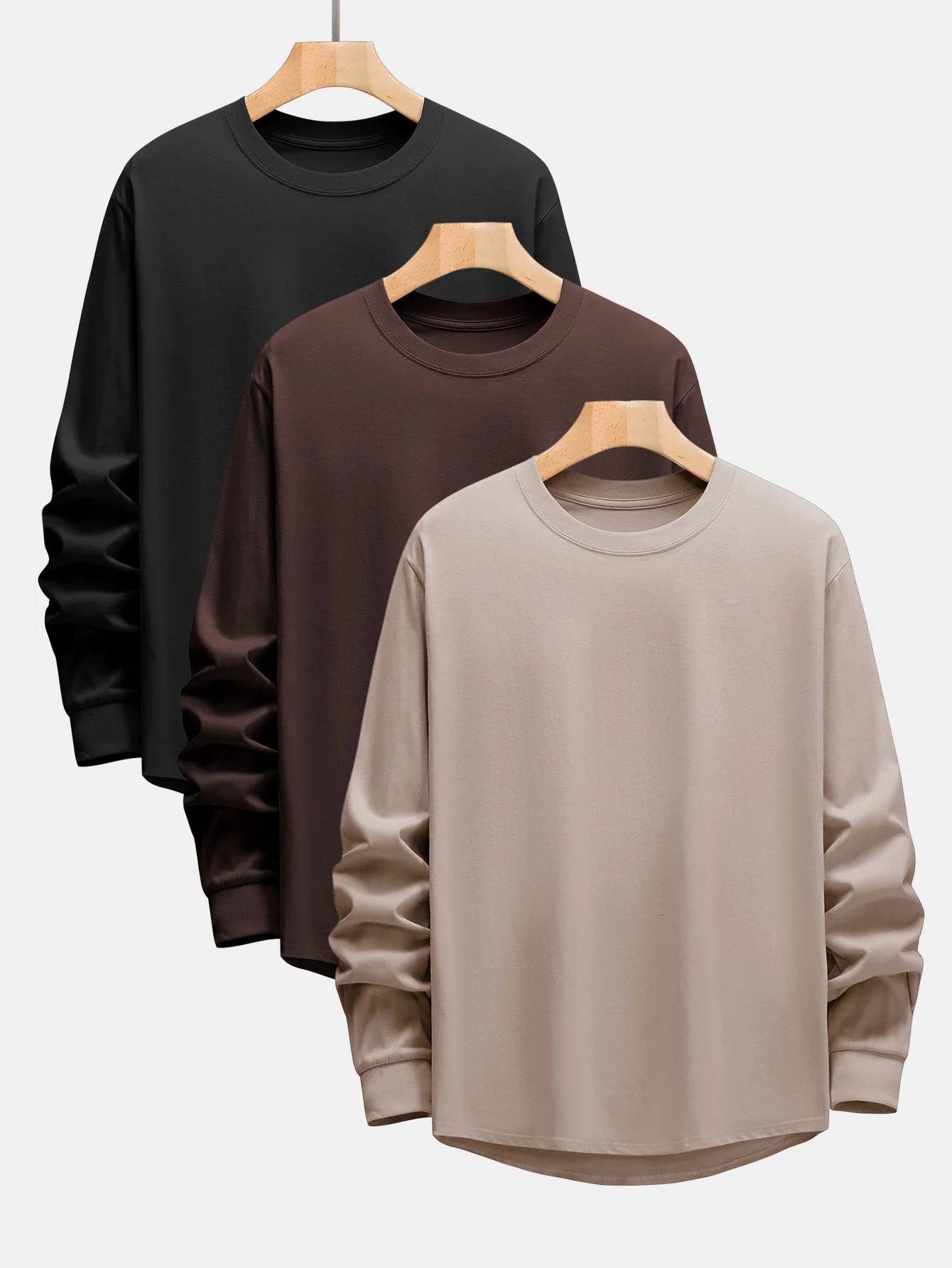 3 Stück Basic Langarm Schwergewicht Arc Hem T-Shirts - Image 3