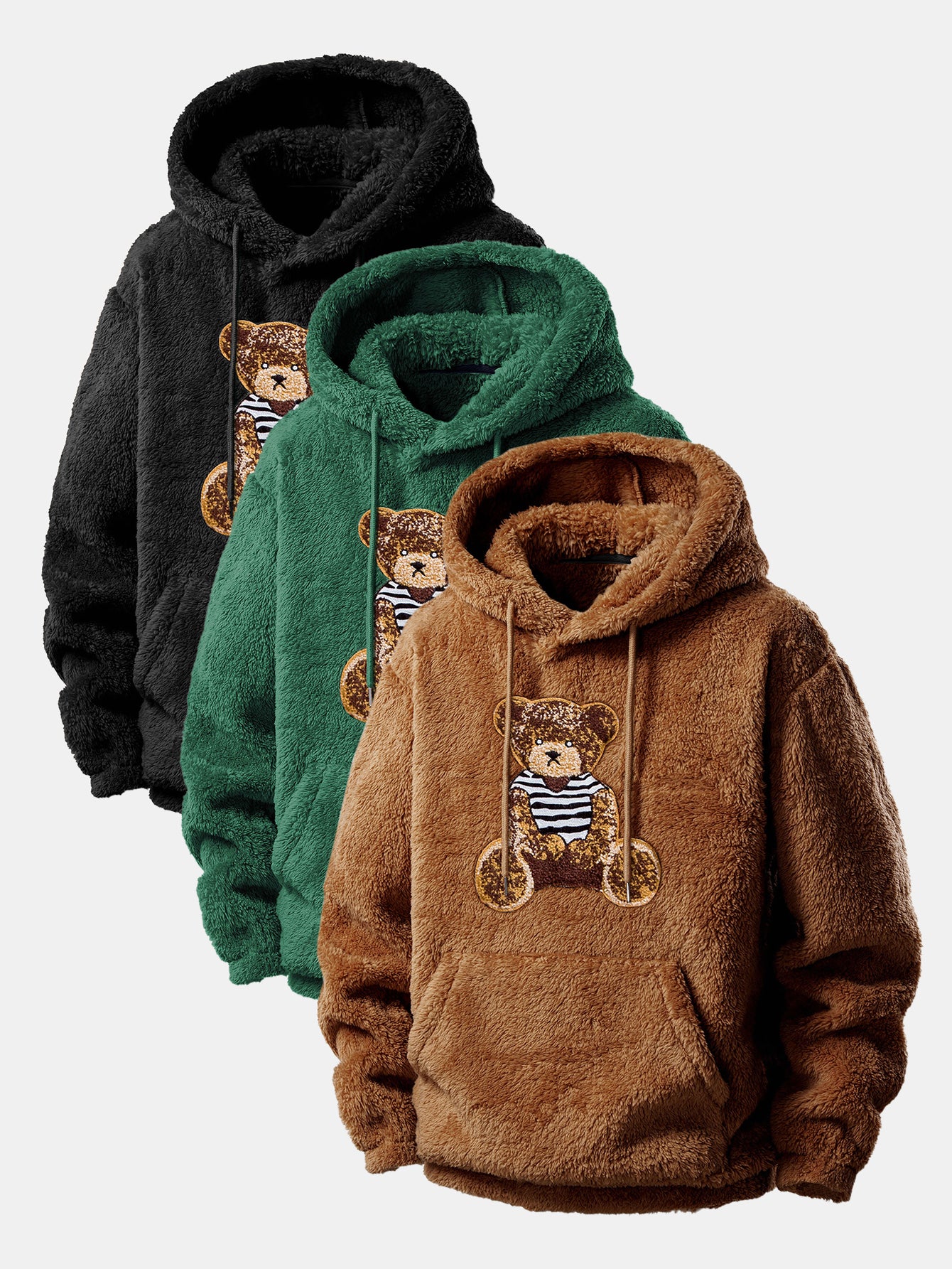 3 Pieces Bear Embroidered Patch Teddy Hoodie - Image 2