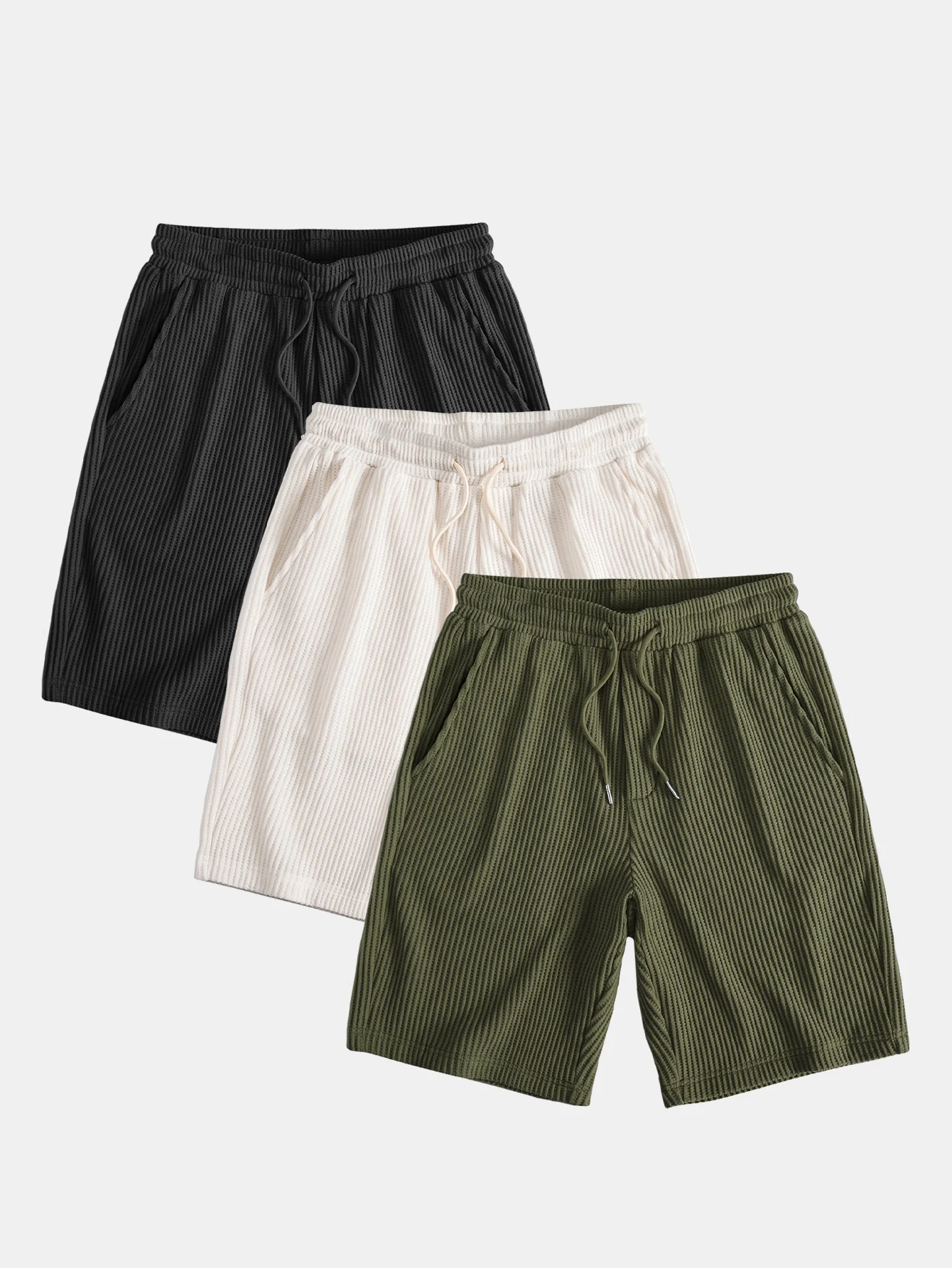 3-teiliges Kordelzug Strick Waffel Shorts