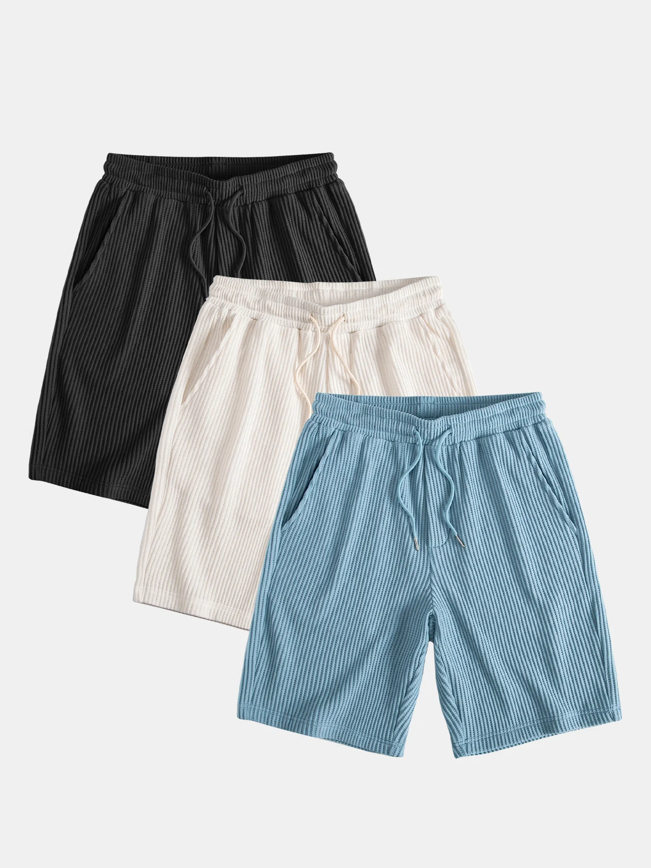 3-teiliges Kordelzug Strick Waffel Shorts - Image 2