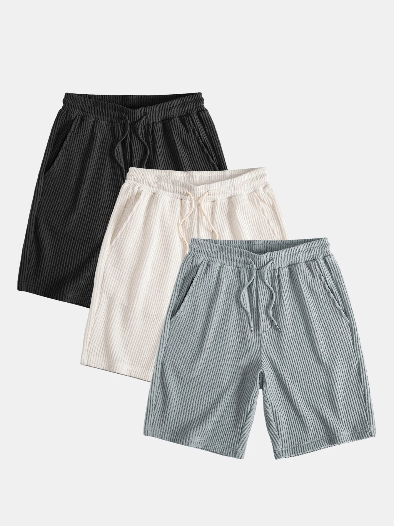 3-teiliges Kordelzug Strick Waffel Shorts - Image 3