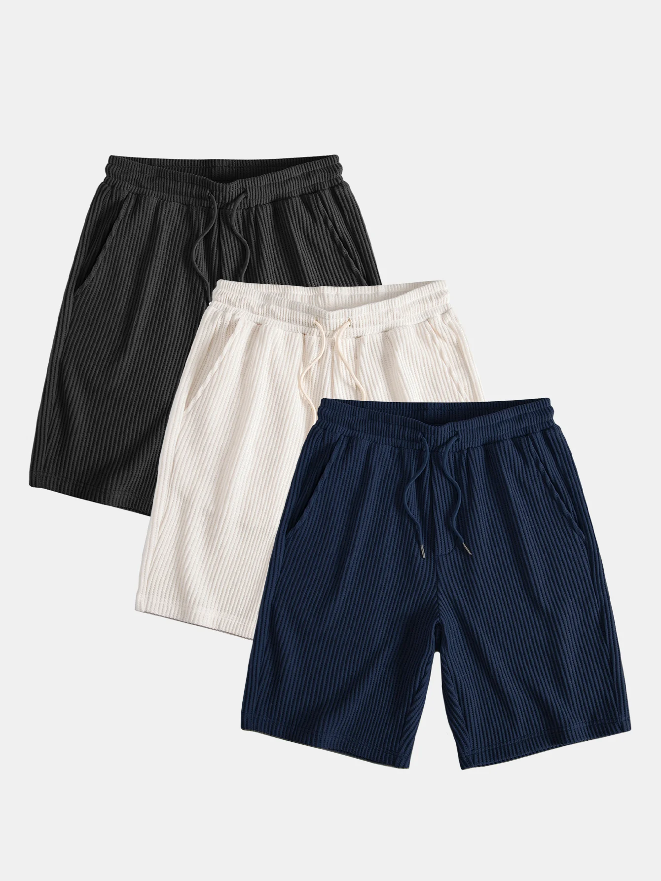 3-teiliges Kordelzug Strick Waffel Shorts - Image 4