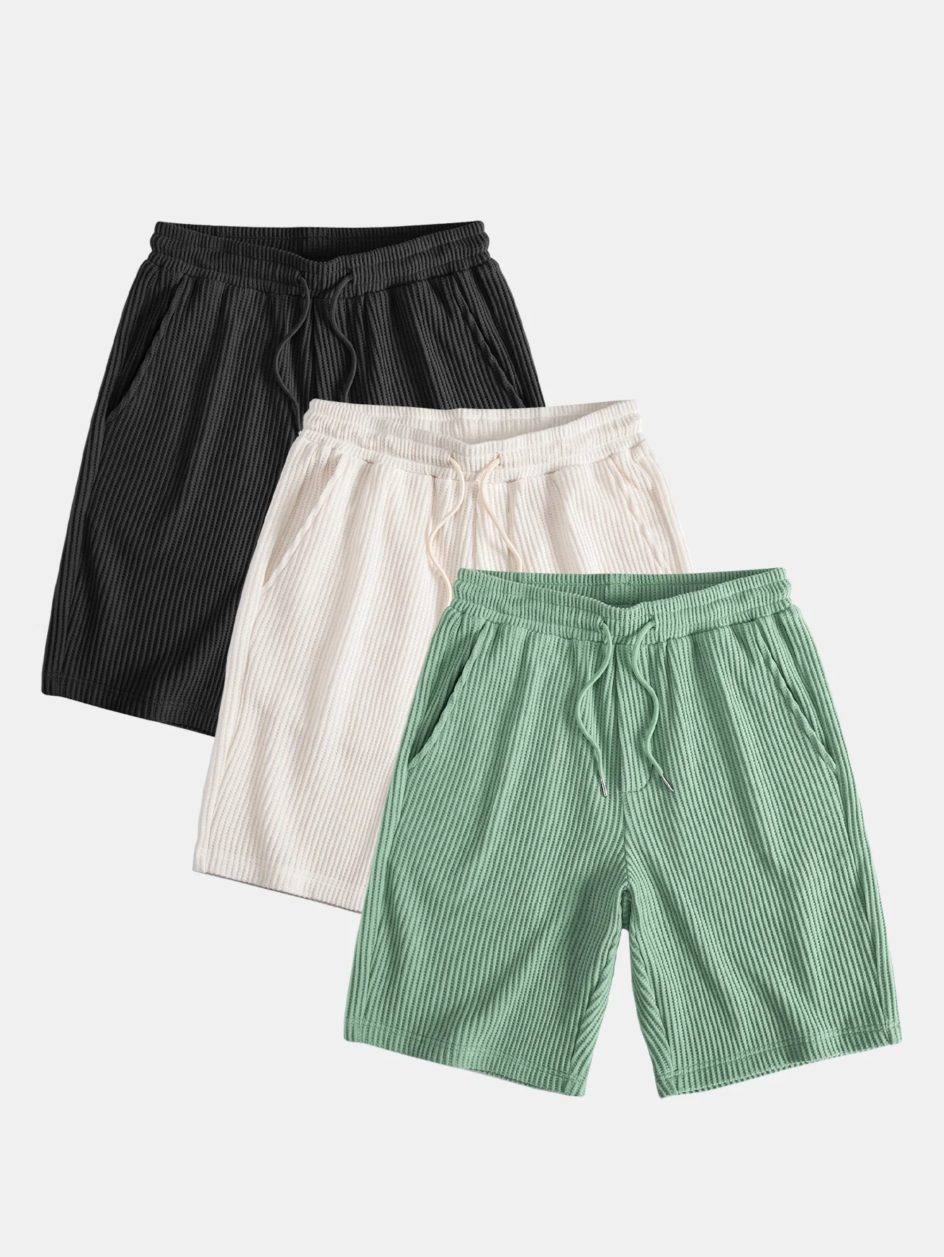 3-teiliges Kordelzug Strick Waffel Shorts - Image 5
