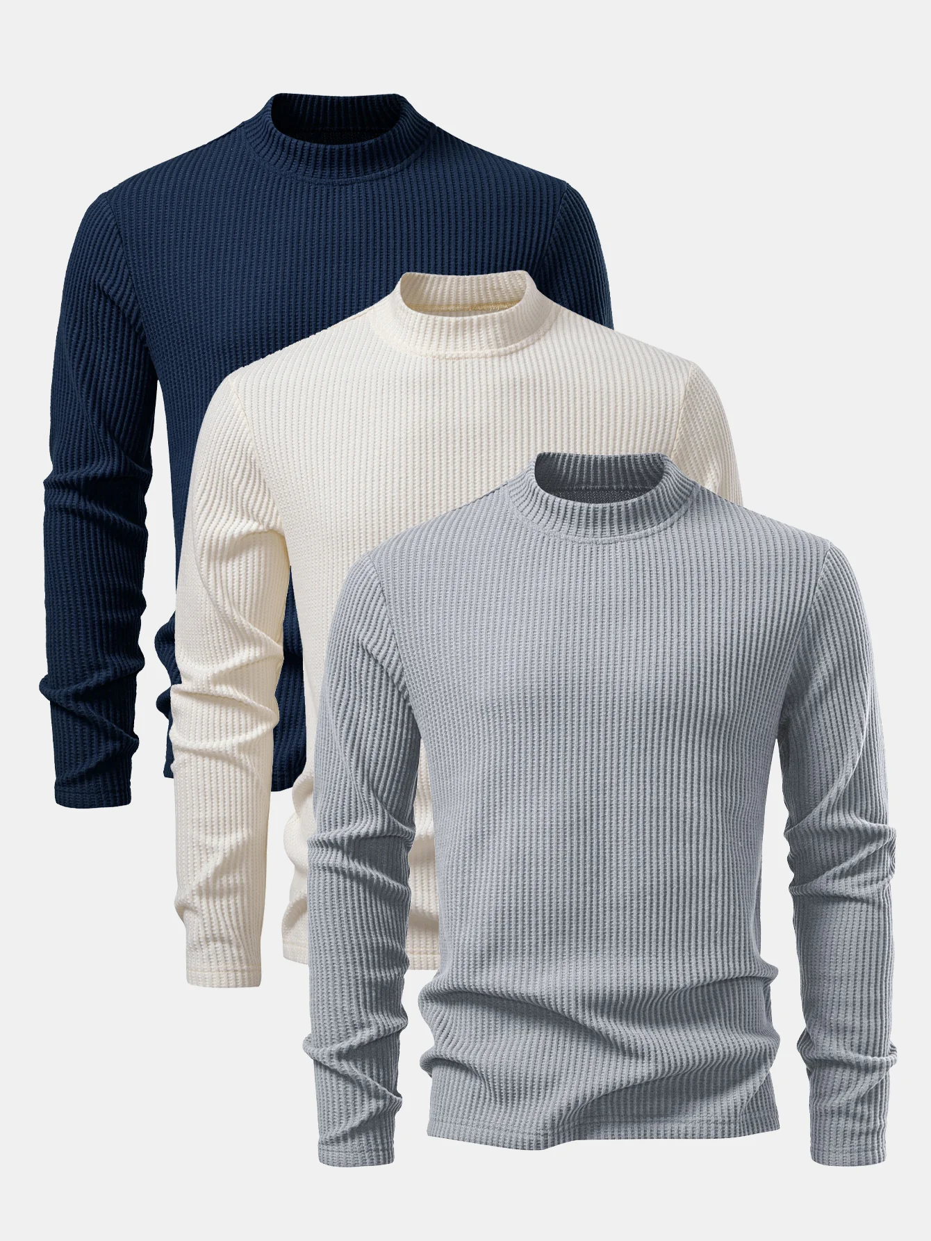 3 Stück Langarm Waffel Stehkragen T-Shirt - Image 2