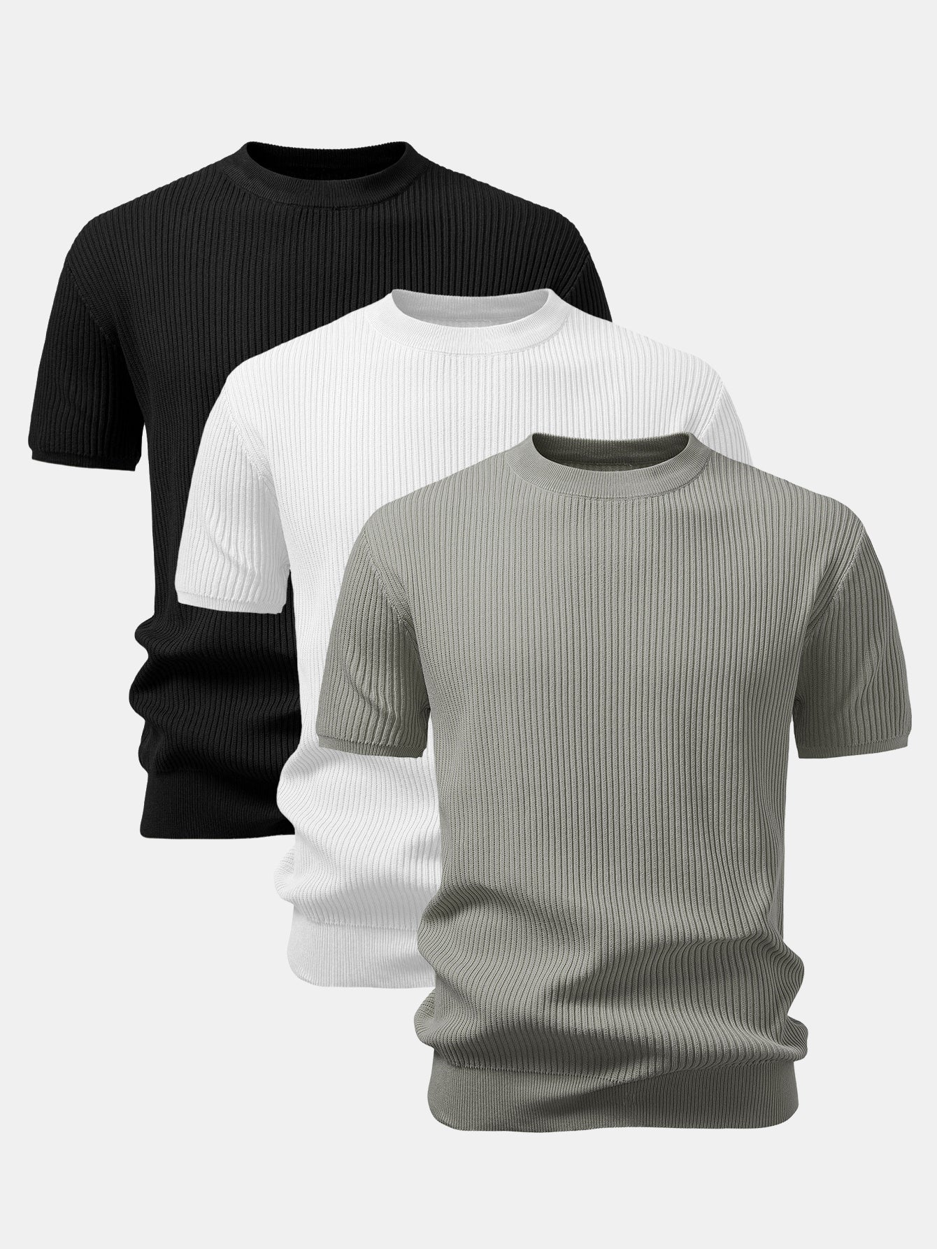 3 Pieces Ribbed Crew Neck Knit T-Shirt - Image 2