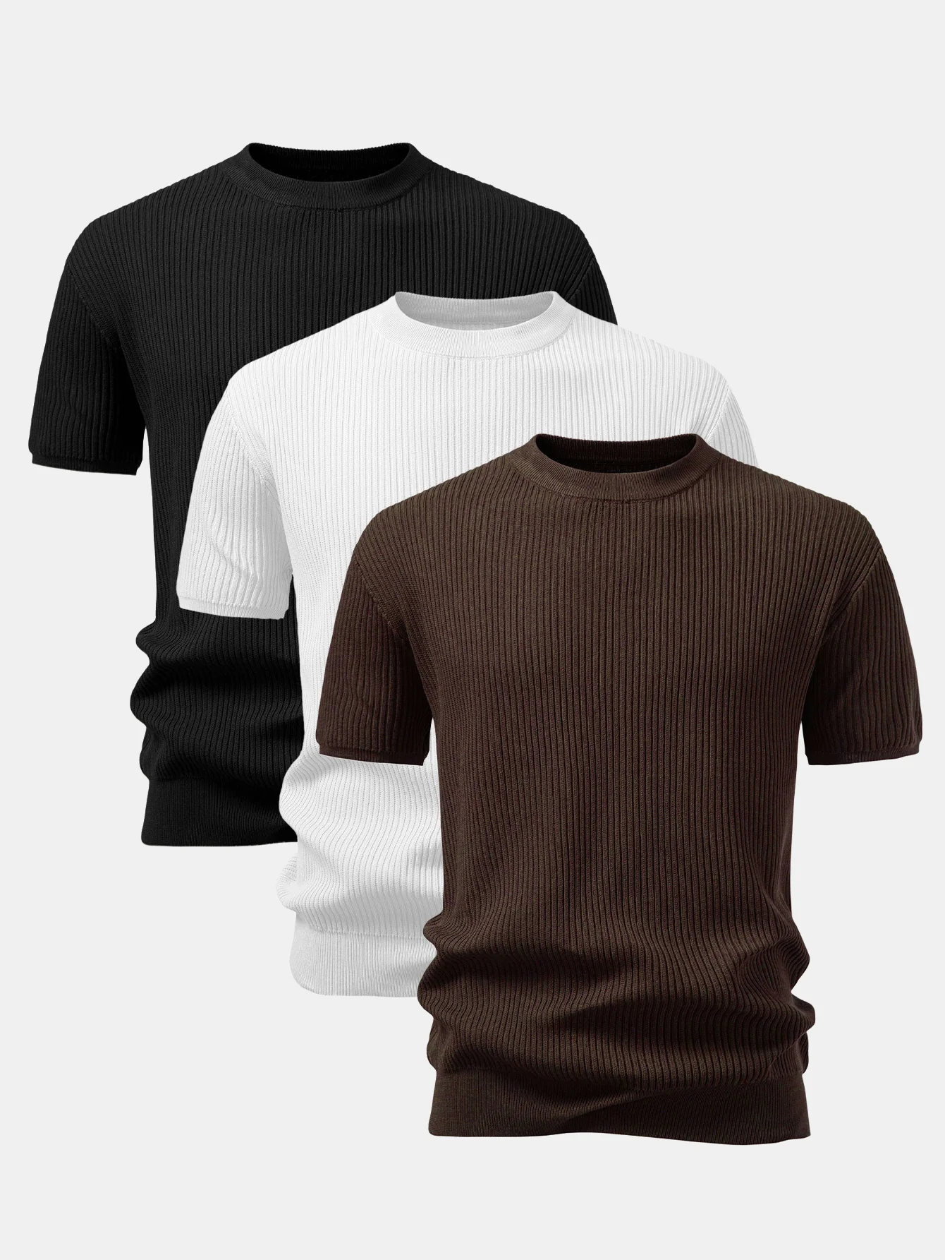3 Pieces Ribbed Crew Neck Knit T-Shirt - Image 3