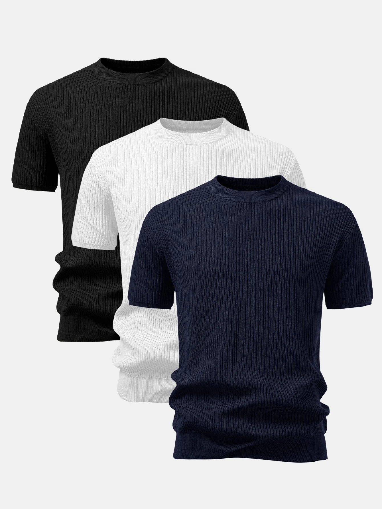 3 Pieces Ribbed Crew Neck Knit T-Shirt - Image 4