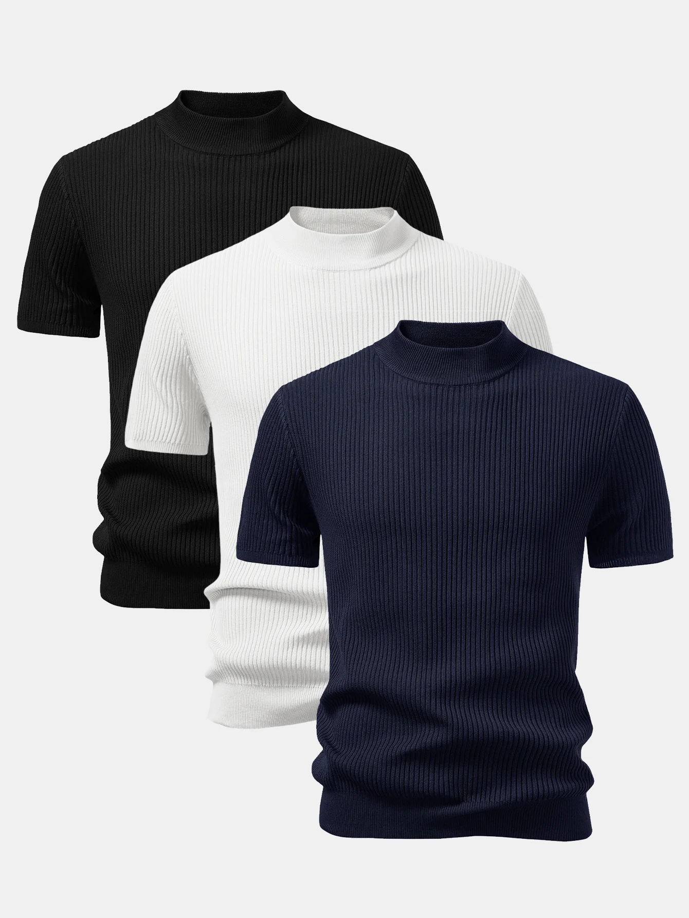 3 Pieces Ribbed Mock Neck Knit T-Shirt - Image 2