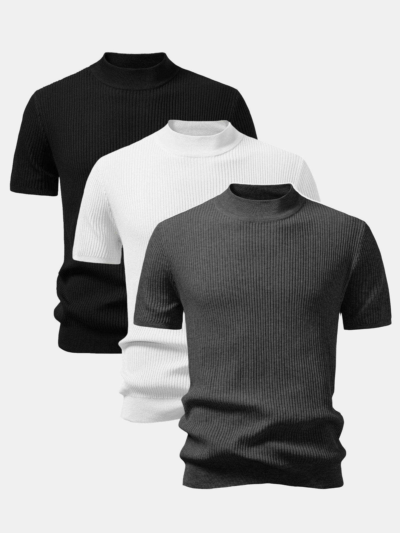 3 Pieces Ribbed Mock Neck Knit T-Shirt - Image 3