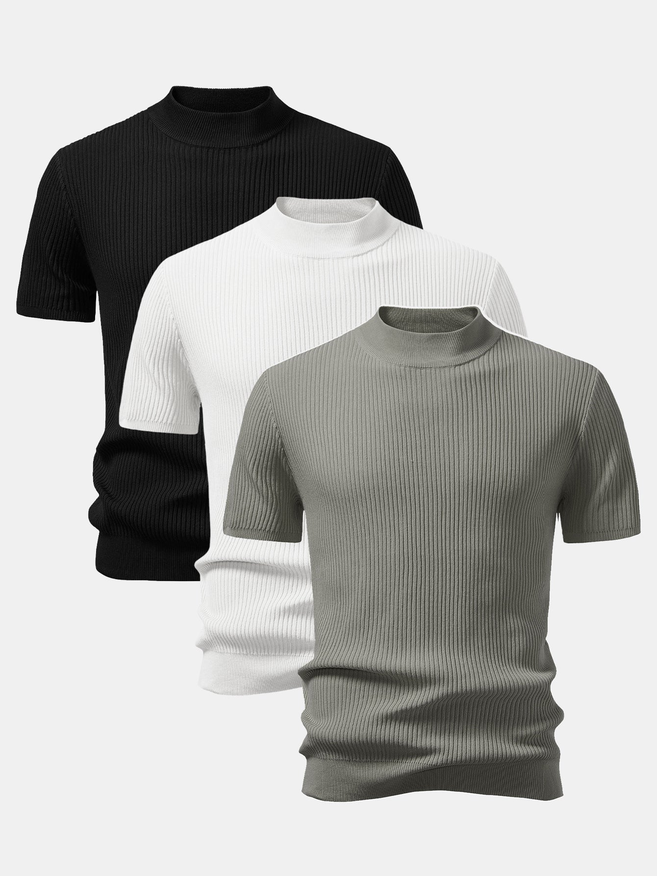 3 Pieces Ribbed Mock Neck Knit T-Shirt - Image 4