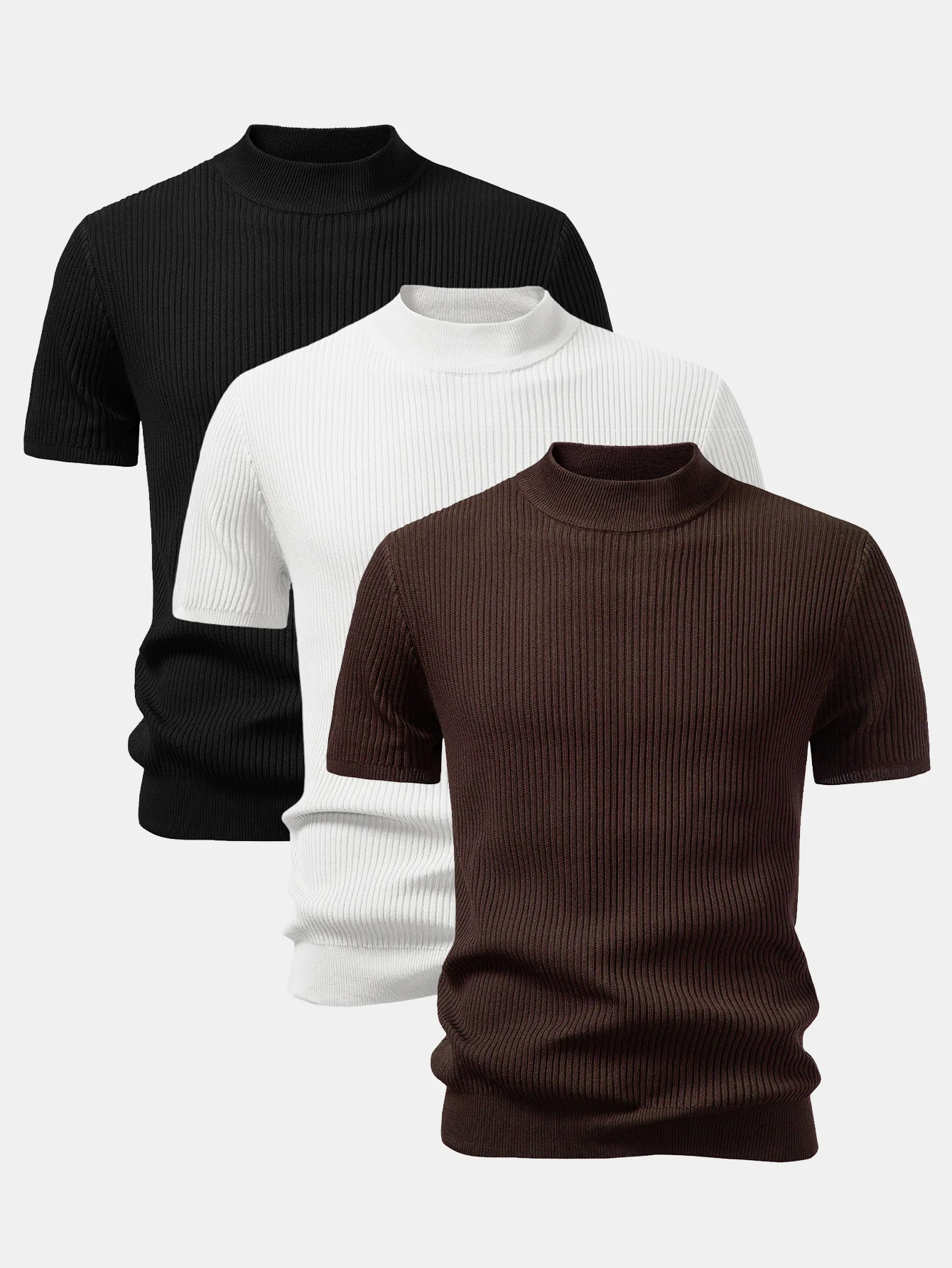 3 Pieces Ribbed Mock Neck Knit T-Shirt - Image 6