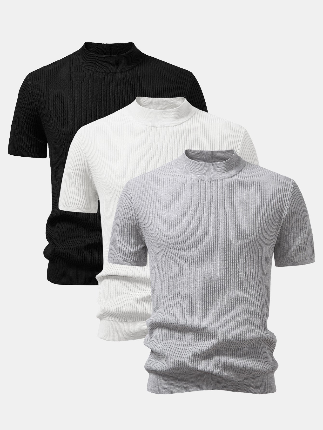 3 Pieces Ribbed Mock Neck Knit T-Shirt - Image 7