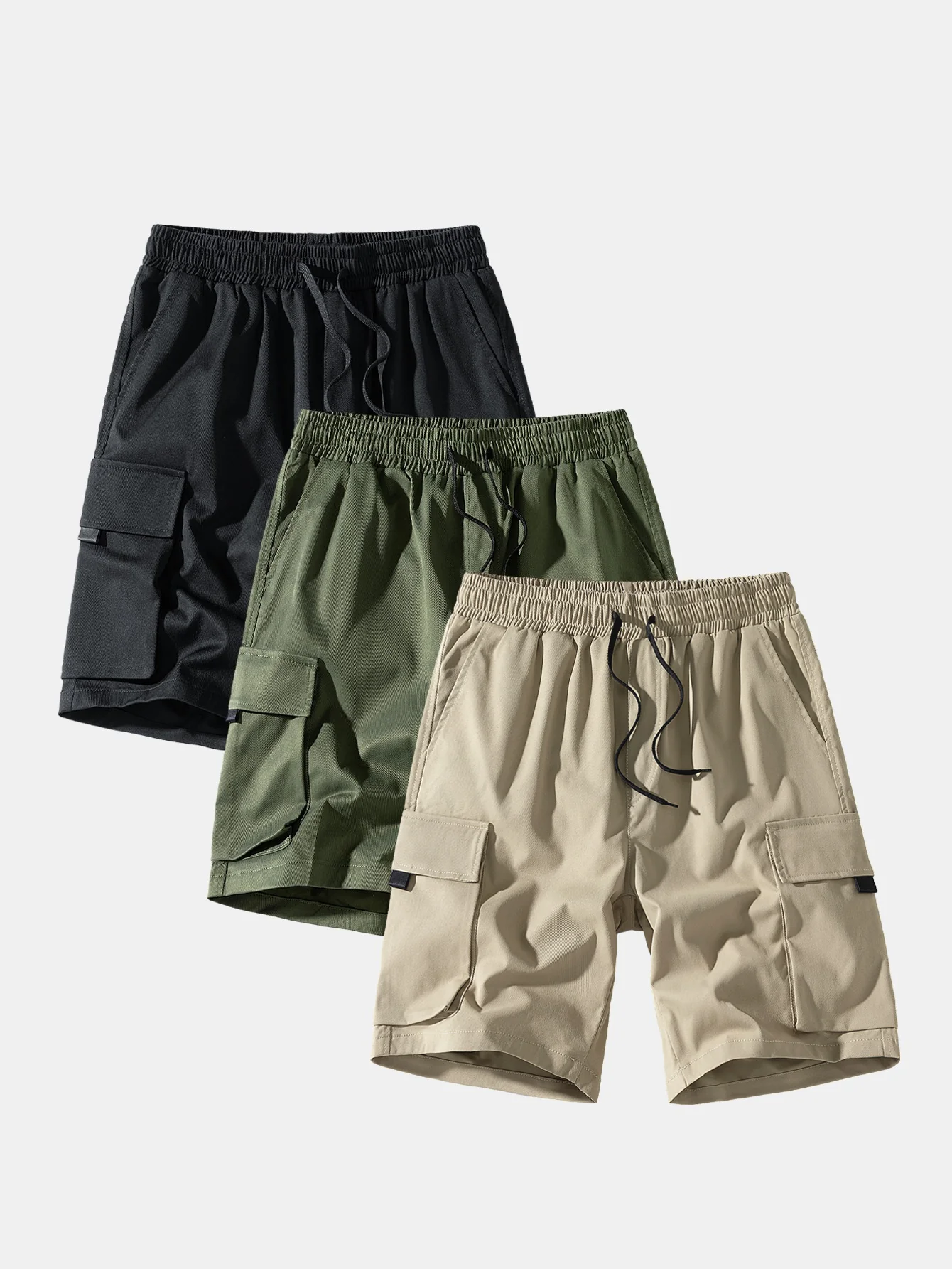3 Stücke einfarbige Cargo Shorts mit Kordelzug