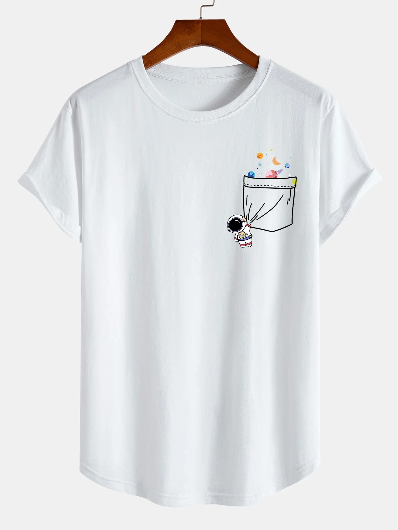 Astronauten Raumtaschen Druck Baumwolle Bogen Saum T-Shirt - Image 3