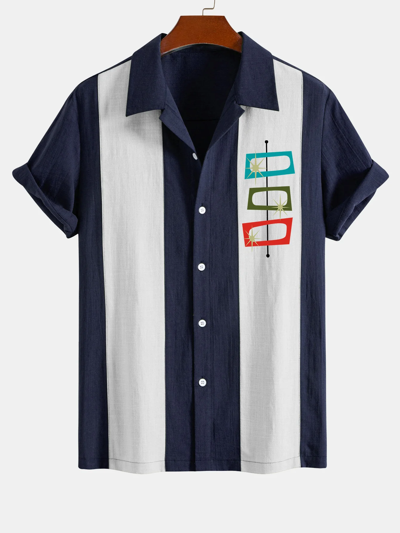 Atomic Print Leinenlook Patchwork Bowlinghemd - Image 3