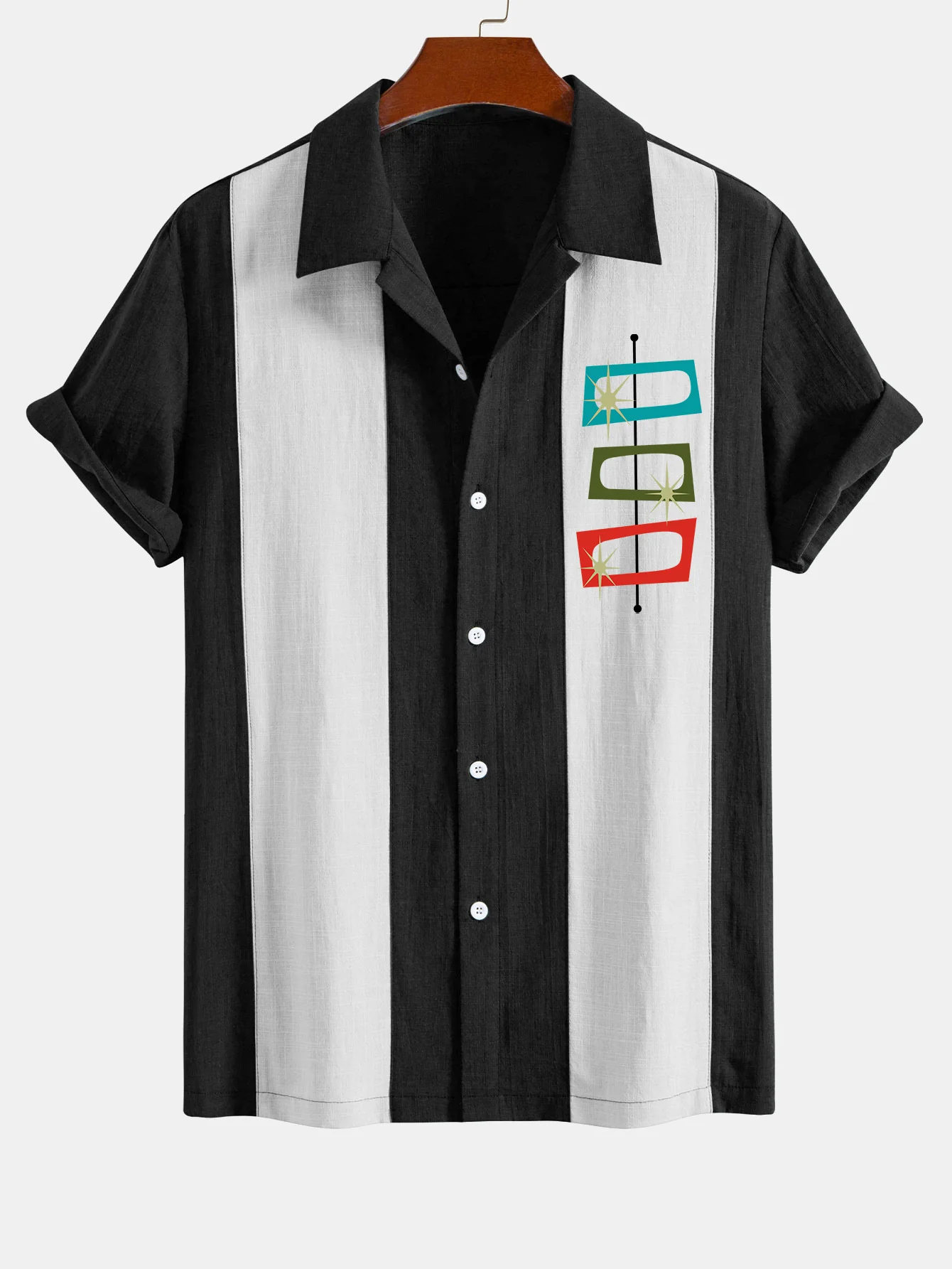 Atomic Print Leinenlook Patchwork Bowlinghemd - Image 5