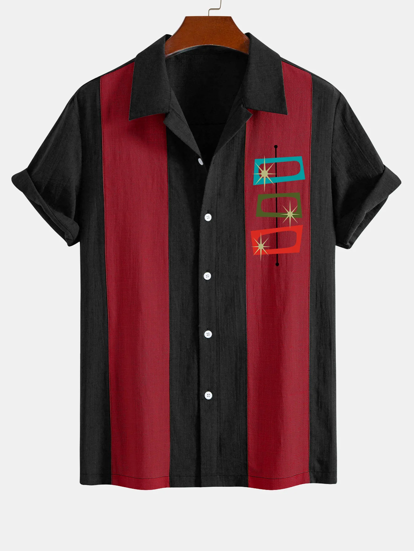 Atomic Print Leinenlook Patchwork Bowlinghemd - Image 6