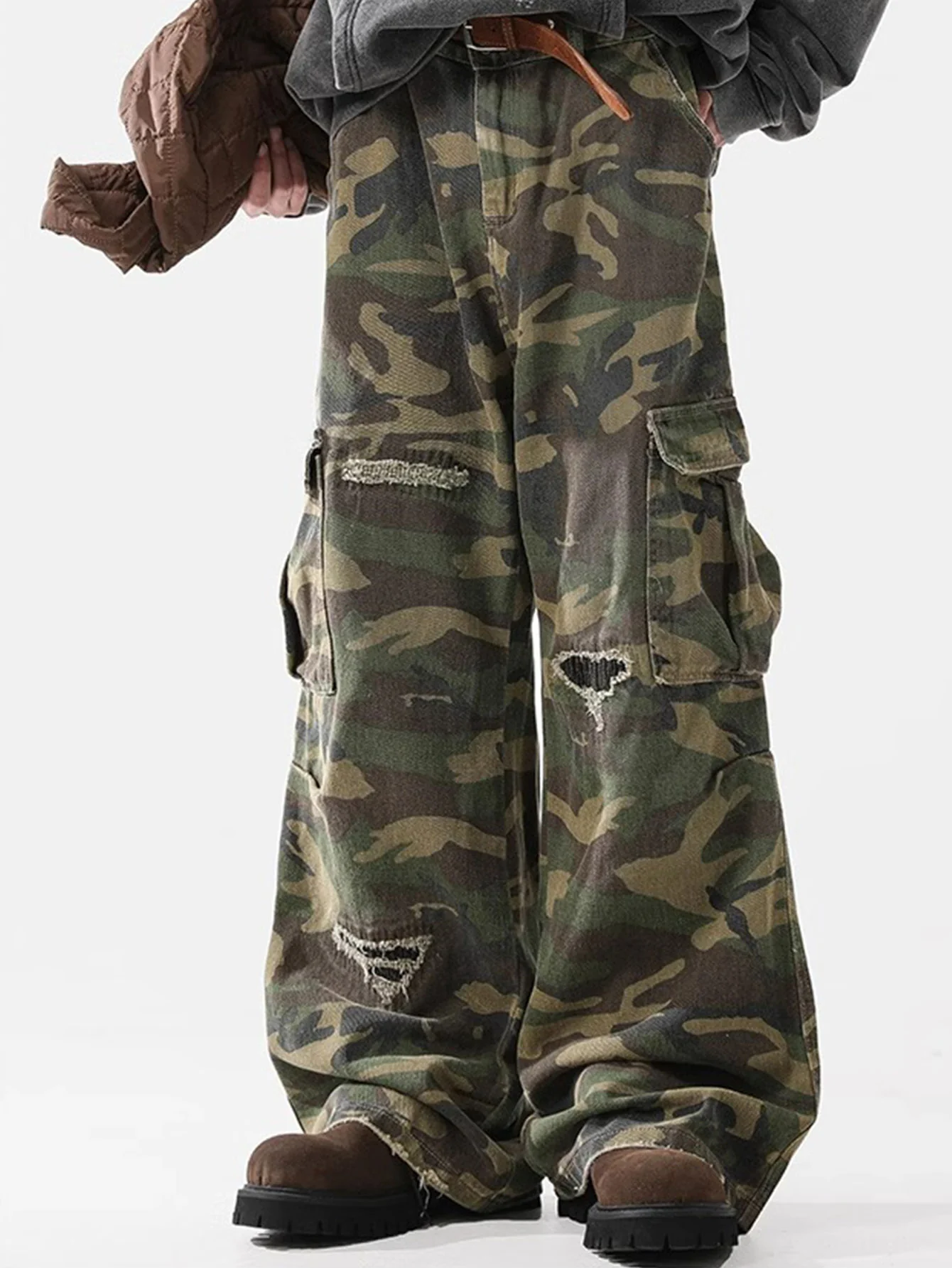 Baggy Passform Camouflage Zerrissene Weite Bein Hose - Image 4