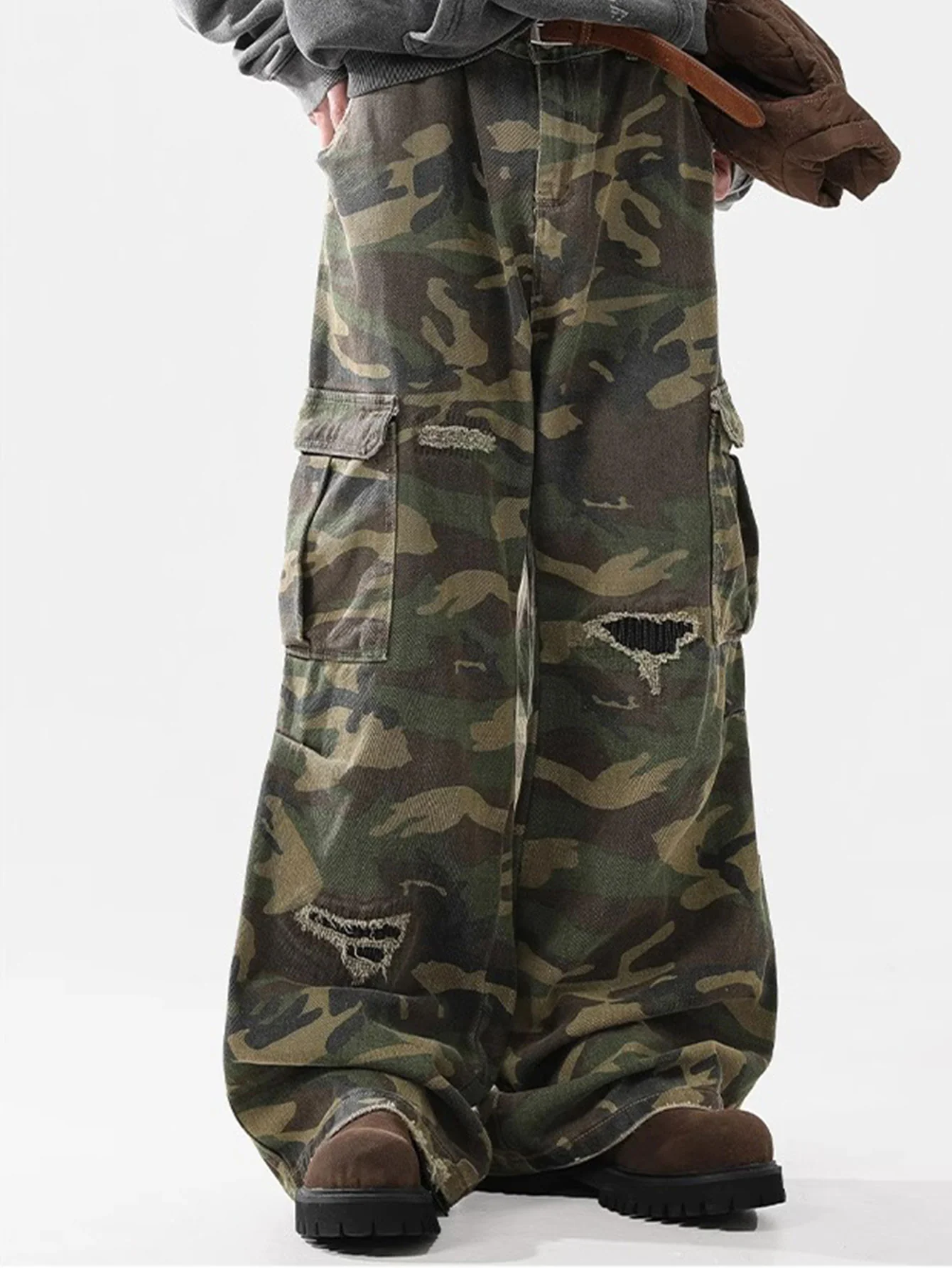 Baggy Passform Camouflage Zerrissene Weite Bein Hose - Image 5