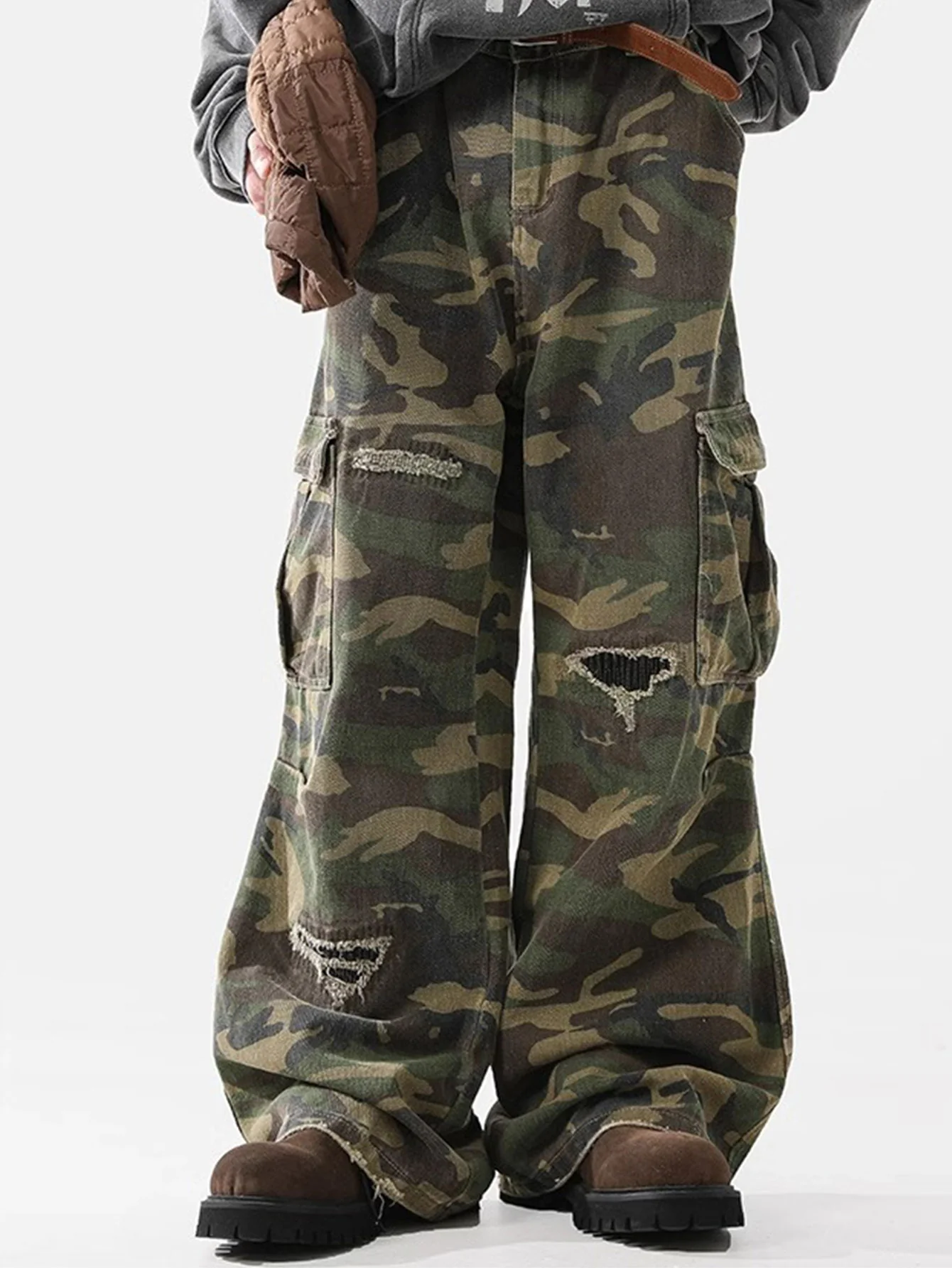 Baggy Passform Camouflage Zerrissene Weite Bein Hose - Image 7