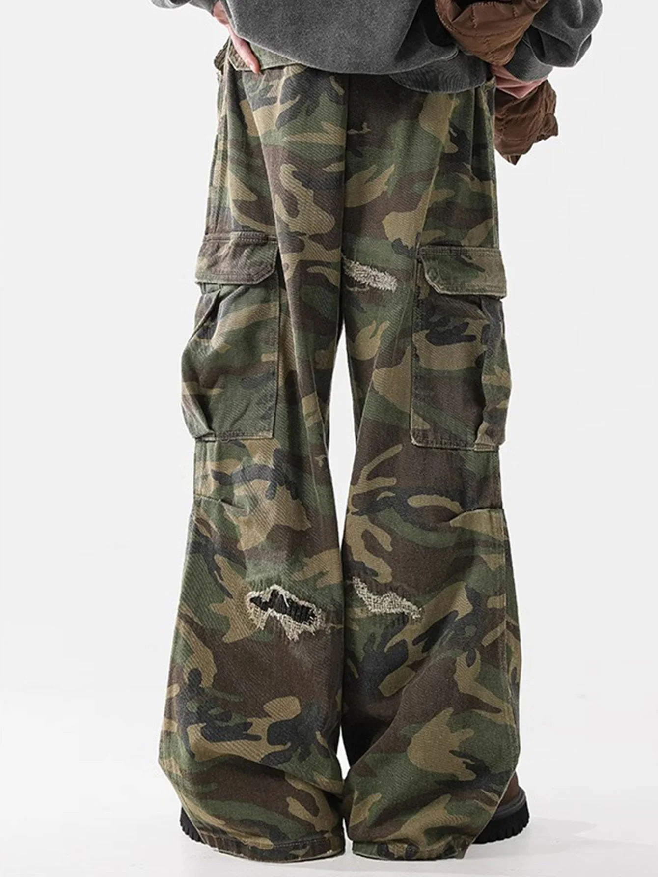 Baggy Passform Camouflage Zerrissene Weite Bein Hose - Image 8