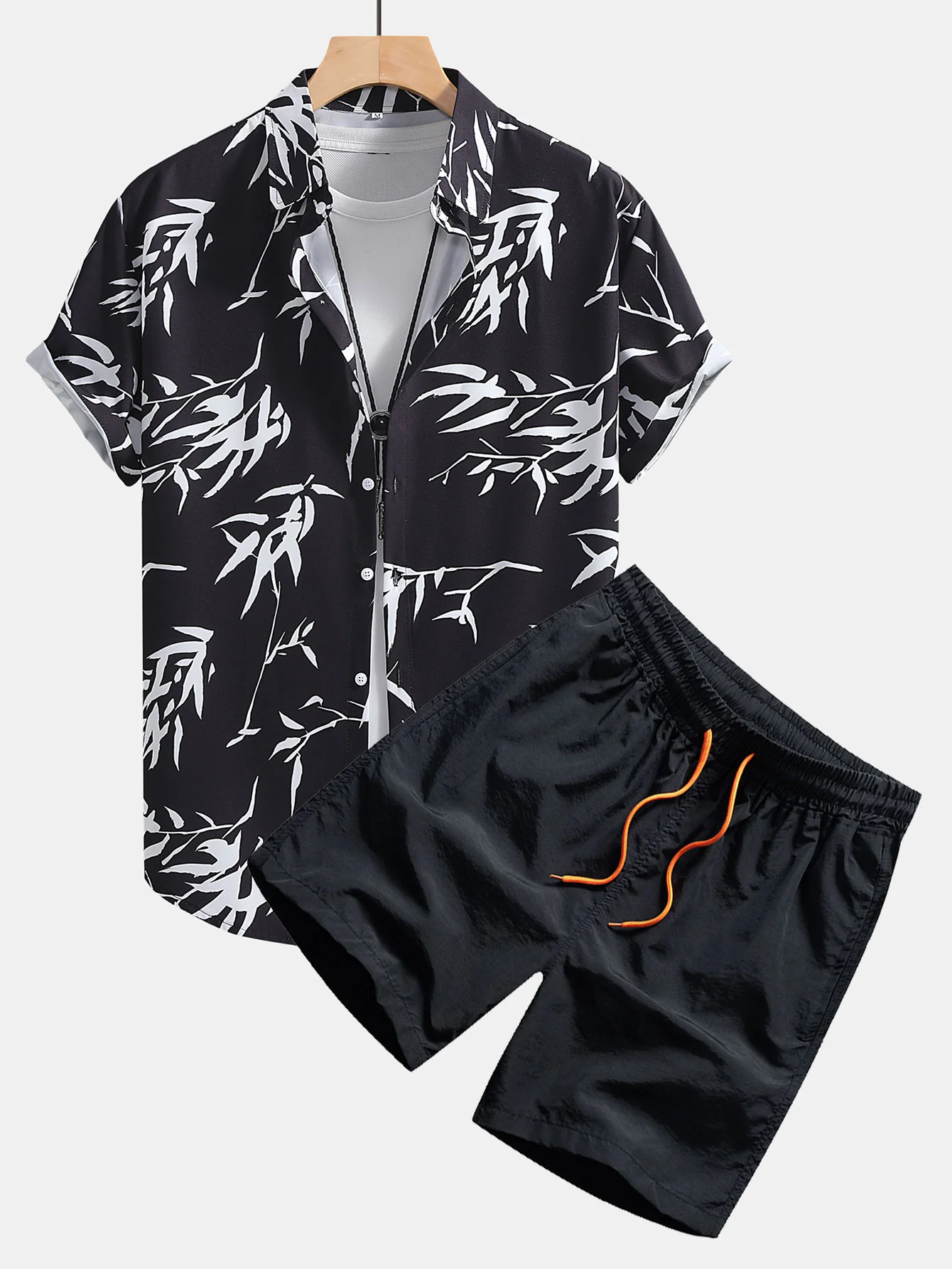 Bamboo Leaves Print Button Up Shirt & Swim Shorts - Image 2