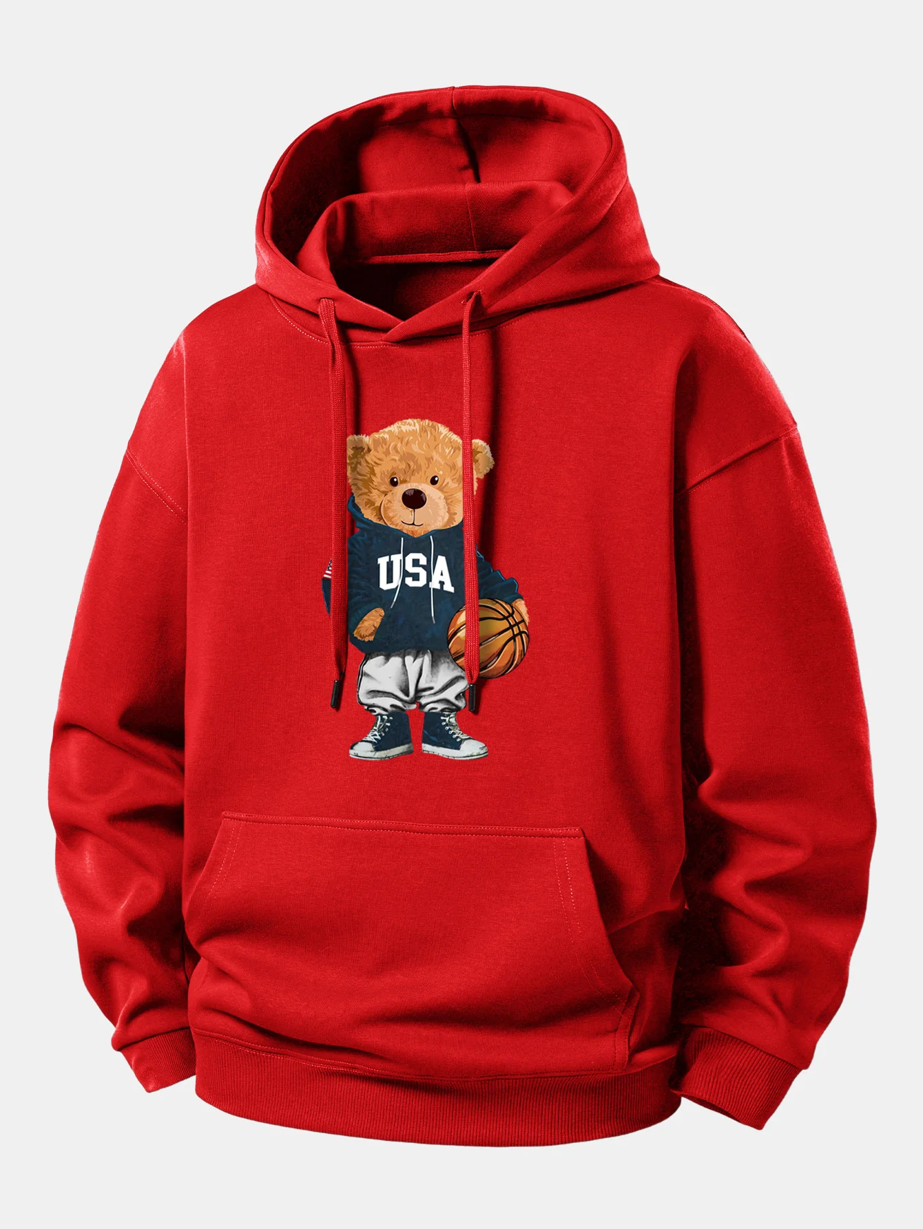 Basketball Bear Print Relax Fit Drawstring Hoodie - Image 11