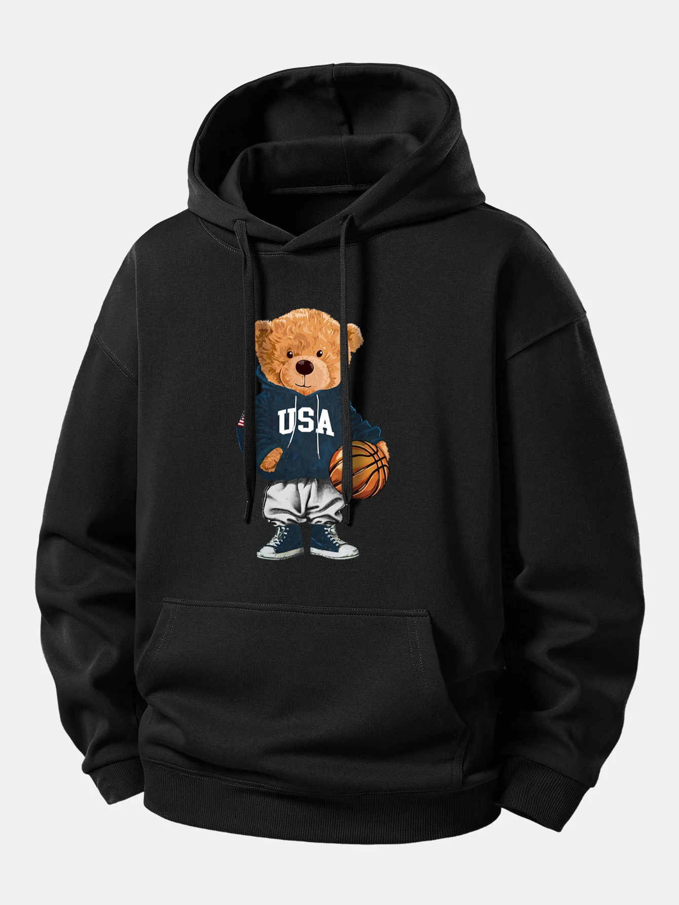 Basketball Bear Print Relax Fit Drawstring Hoodie - Image 2