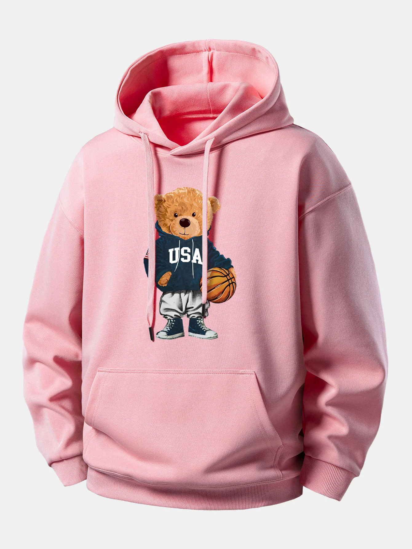 Basketball Bear Print Relax Fit Drawstring Hoodie - Image 3