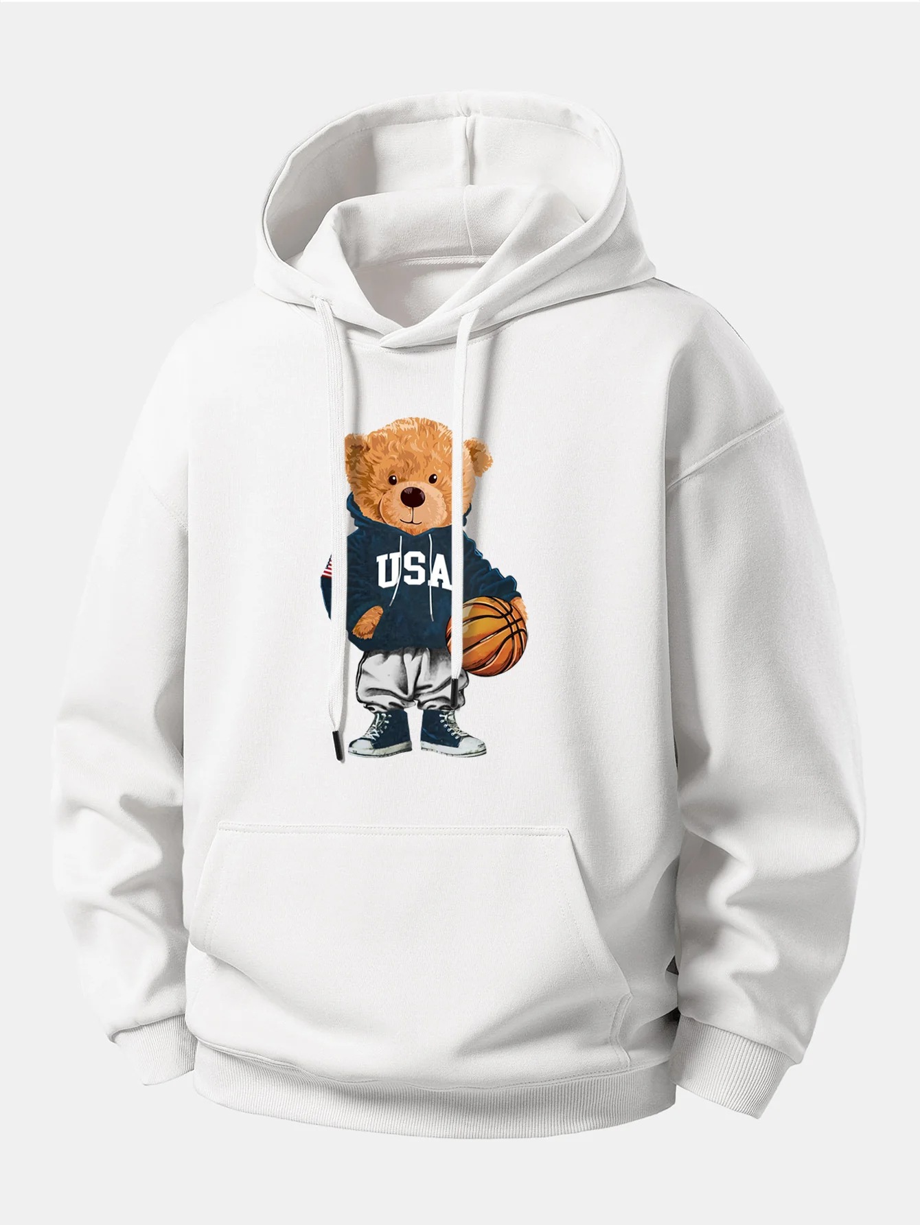 Basketball Bear Print Relax Fit Drawstring Hoodie - Image 4