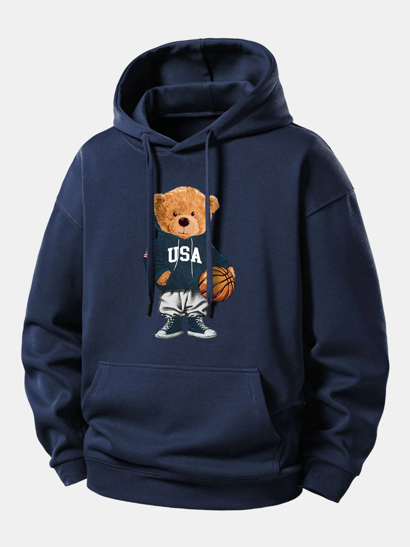 Basketball Bear Print Relax Fit Drawstring Hoodie - Image 9