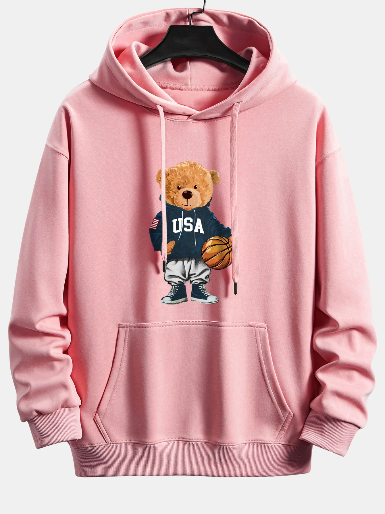 Basketball Bear Print Relax Fit Drawstring Hoodie - Image 10