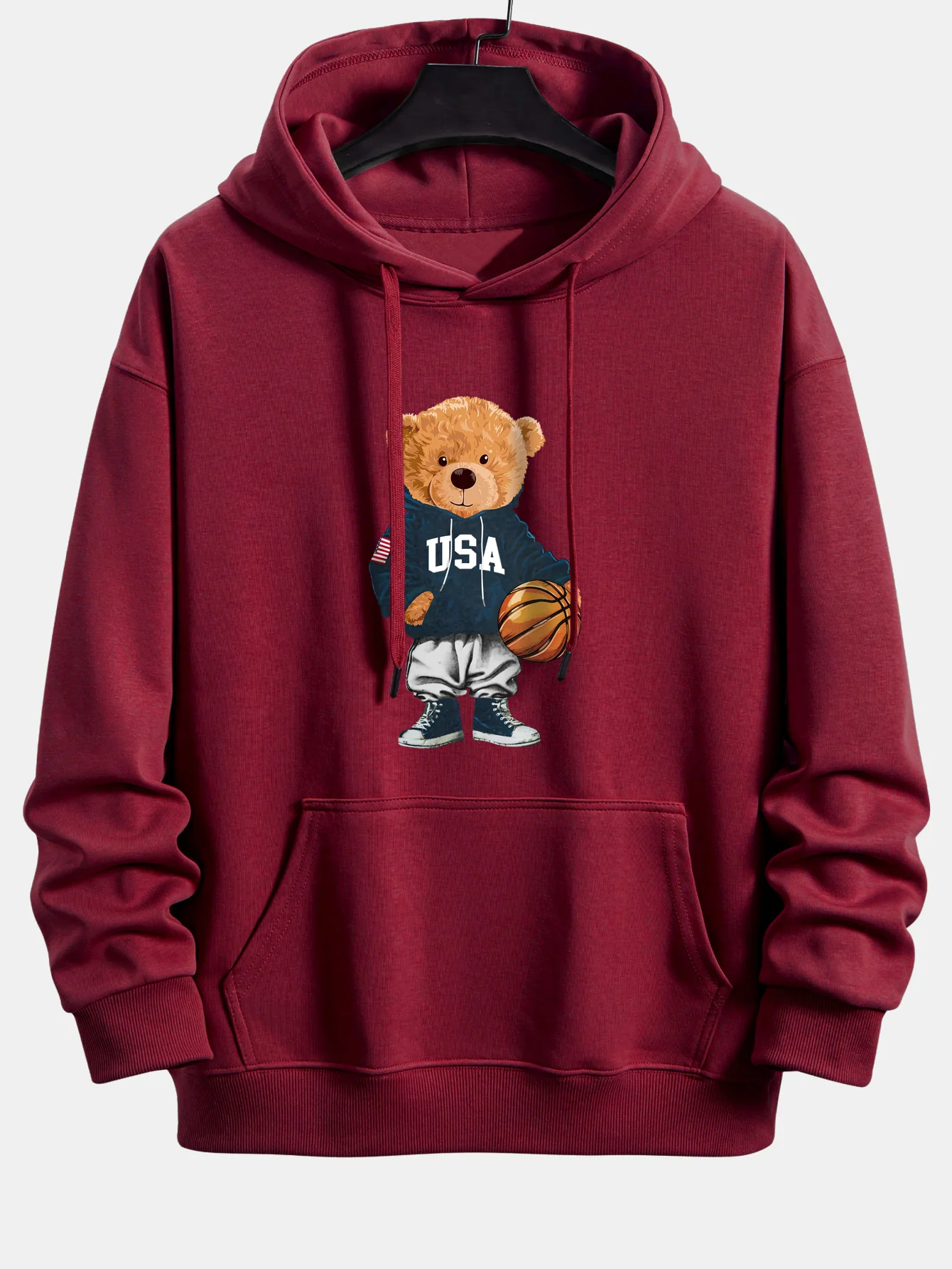 Basketball Bear Print Relax Fit Drawstring Hoodie - Image 11