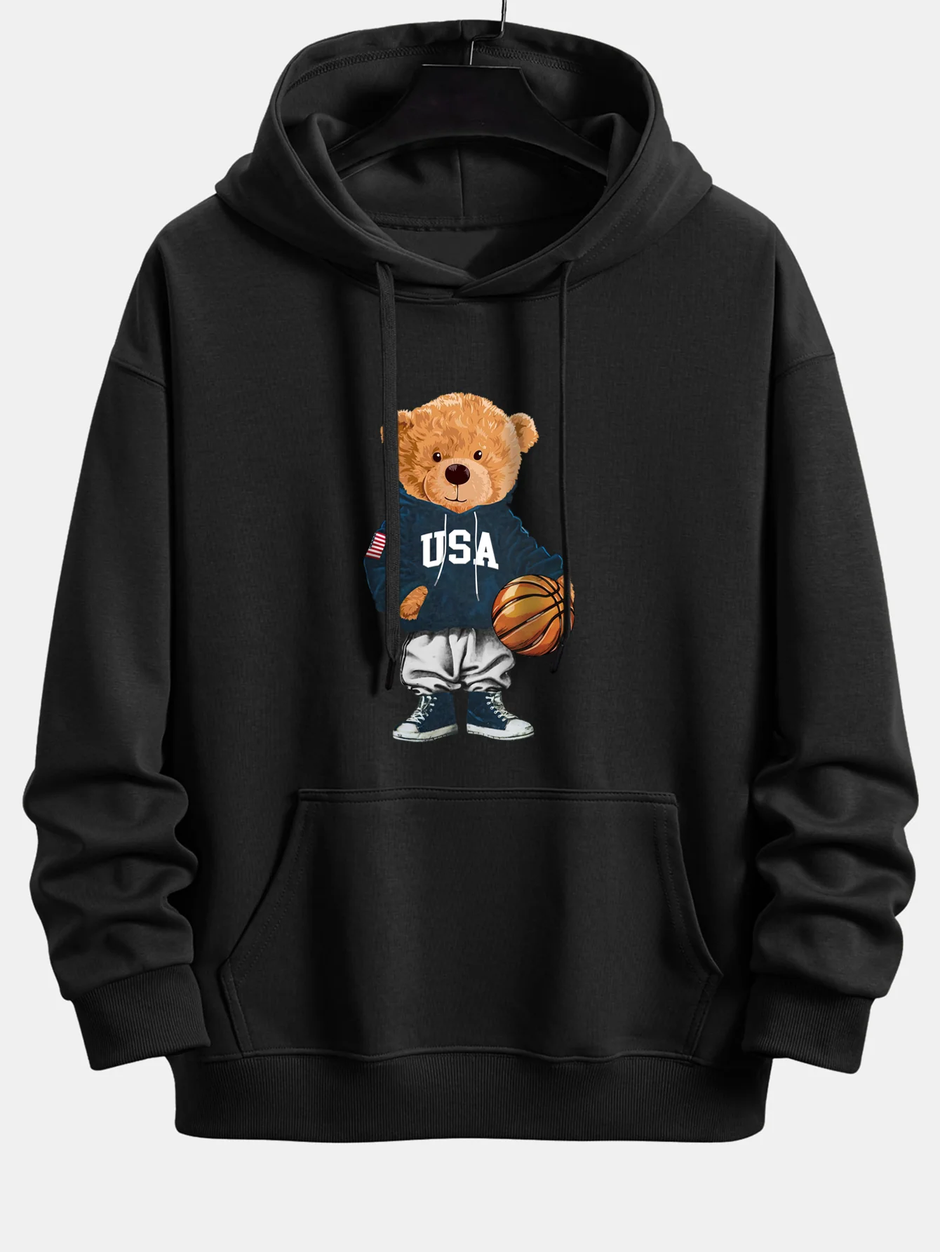 Basketball Bear Print Relax Fit Drawstring Hoodie - Image 2