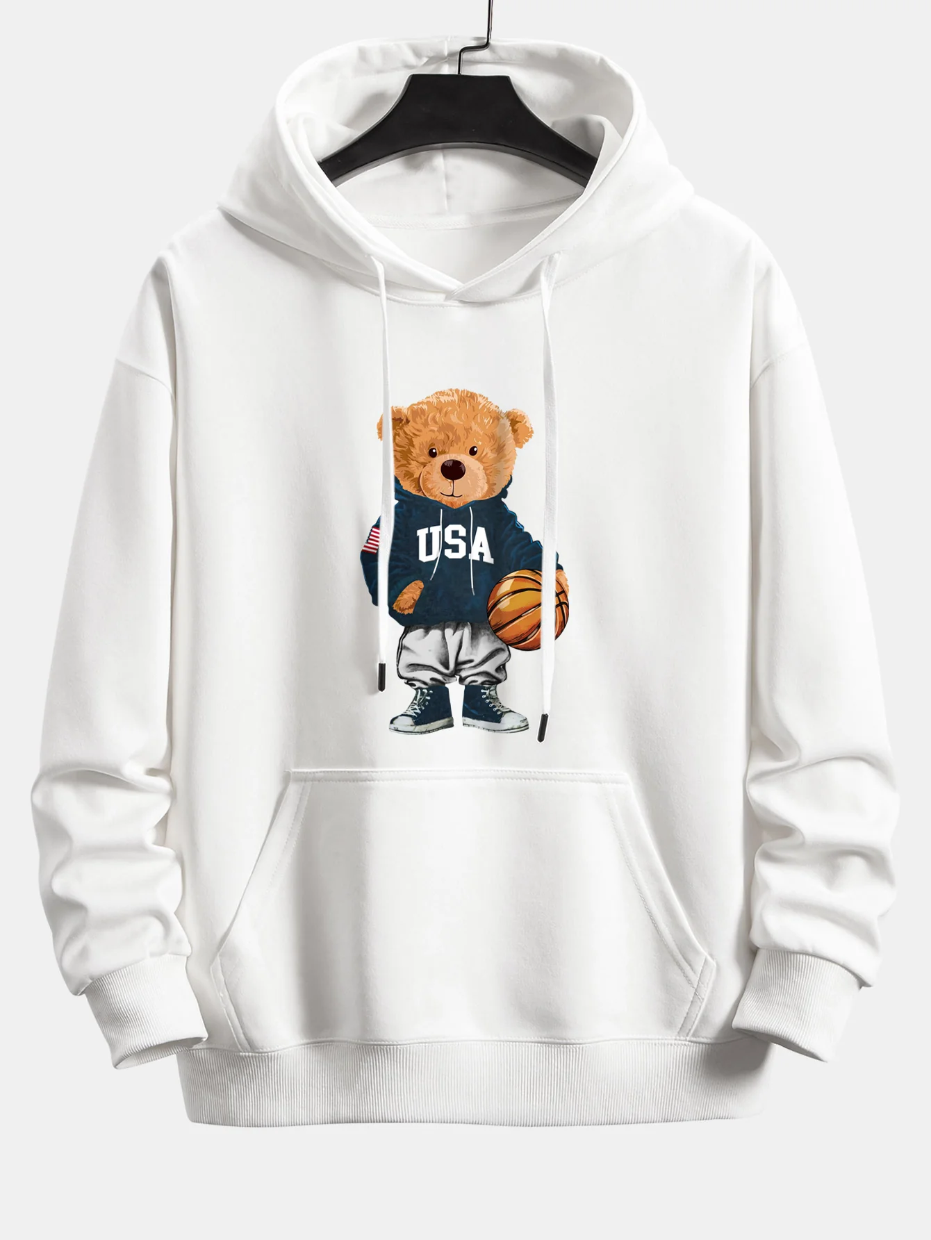 Basketball Bear Print Relax Fit Drawstring Hoodie - Image 3