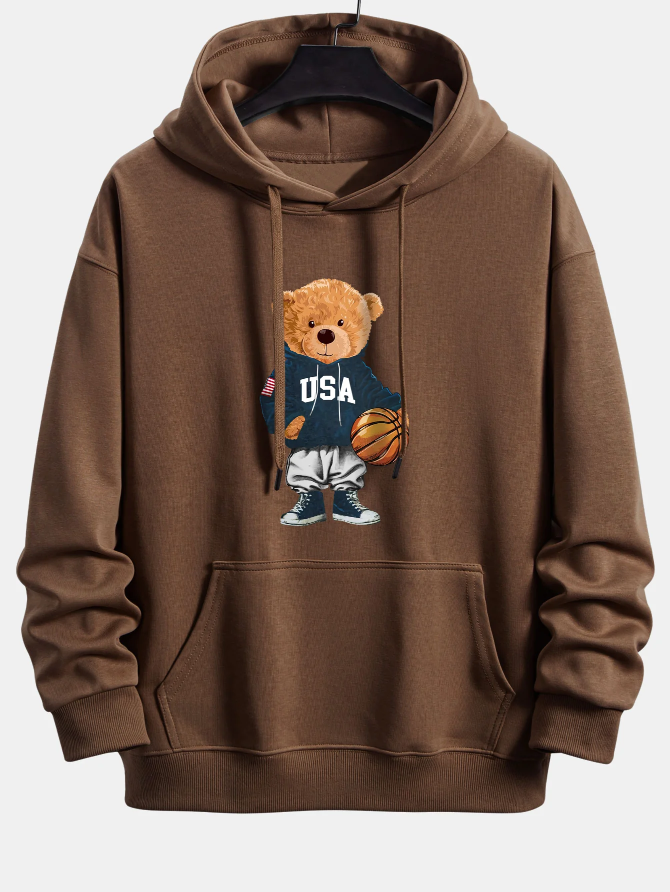 Basketball Bear Print Relax Fit Drawstring Hoodie - Image 4