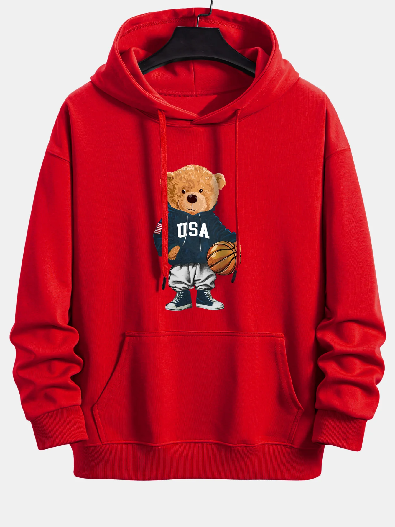 Basketball Bear Print Relax Fit Drawstring Hoodie - Image 5