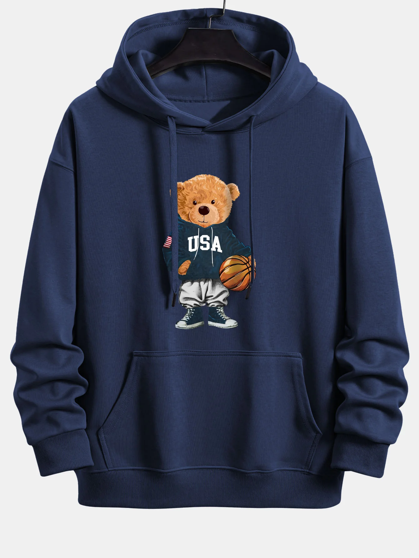 Basketball Bear Print Relax Fit Drawstring Hoodie - Image 7