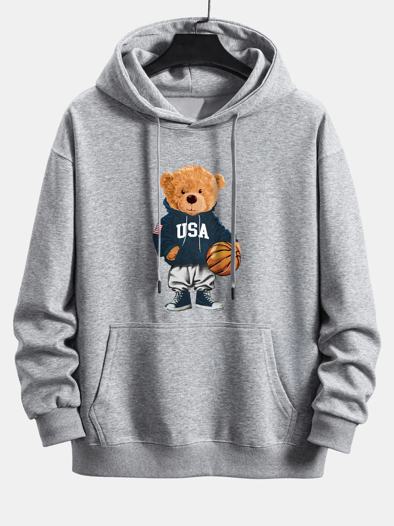 Basketball Bear Print Relax Fit Drawstring Hoodie - Image 9